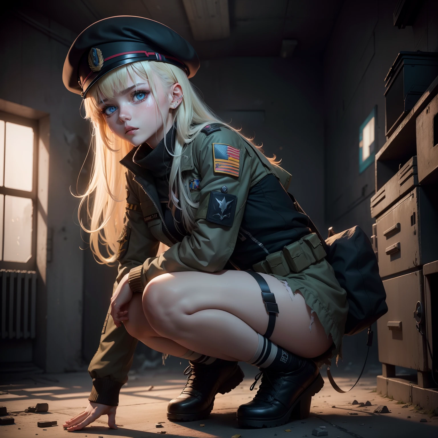 ukrainian girl , Ukrainian anime girls , , Ukraine , Full body composition of young girl with messy bright blonde hair,eye make up, , Soft lighting, Solo, Old torn dirty shabby futuristic military uniform, badges, Pose, Blotch color, Octane Render, Hyperrealistic intricate detail, Cinematic, 8K resolution, 70mm, Accent Lighting, Global Illumination, Full body portrait, clean detailed faces, intricate clothing, Cute face, flat chest, Slim waist, Slim legs, small hips,Wearing a beret,Special Forces Clothing,crouching down