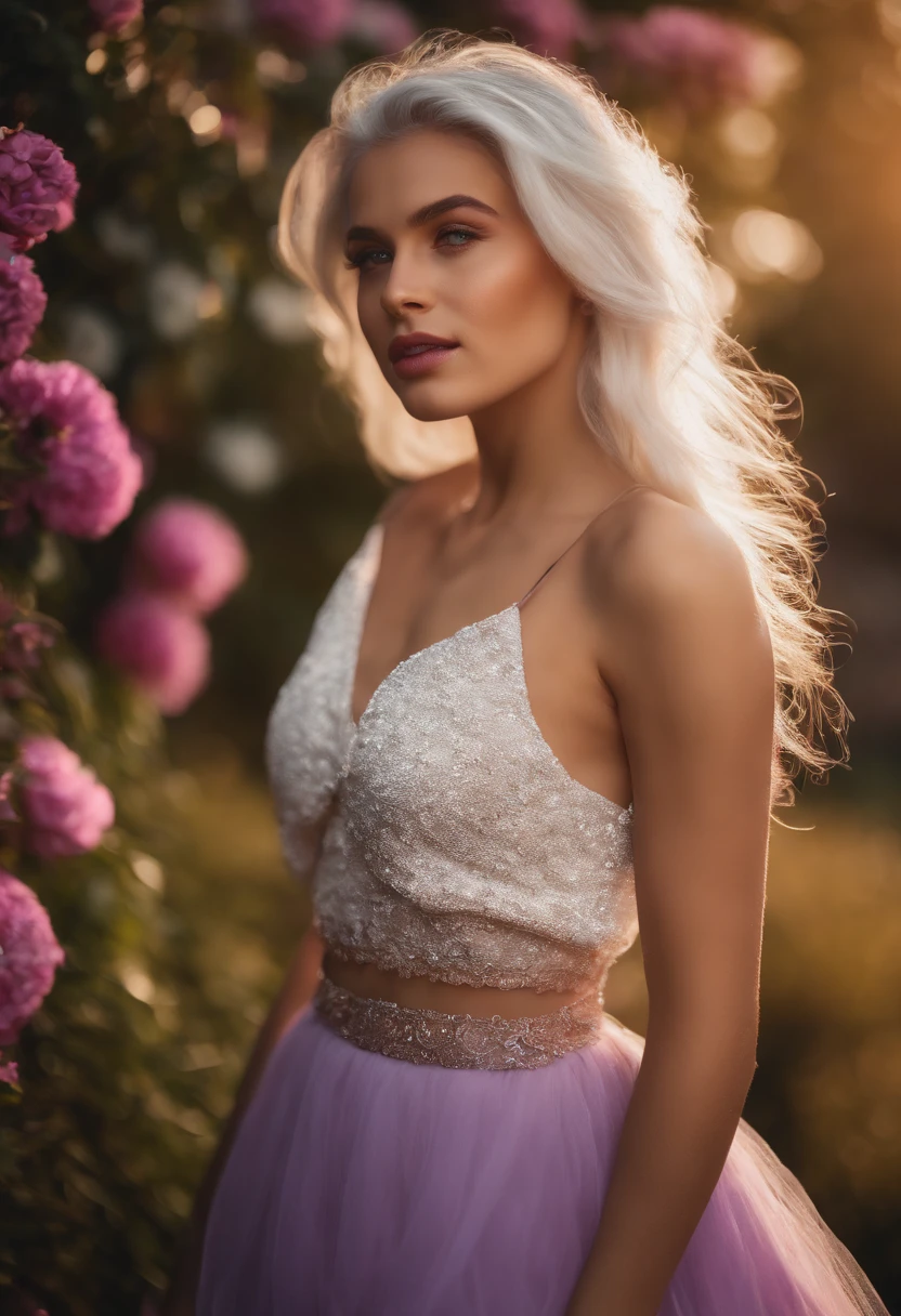 Best quality,masterpiece,ultra high res,photorealistic,raw photo,unity 8k wallpaper, realistic, 1girl, white hair, purple eyes, glowing eyes, crop top, skirt, parted lips, blush, night, flowers, sun, sunlight