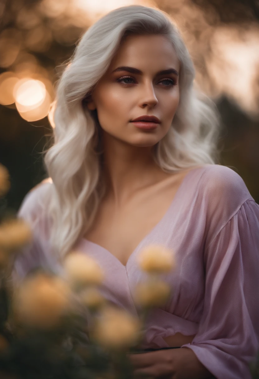 Best quality,masterpiece,ultra high res,photorealistic,raw photo,unity 8k wallpaper, realistic, 1girl, white hair, purple eyes, glowing eyes, crop top, skirt, parted lips, blush, night, flowers, sun, sunlight