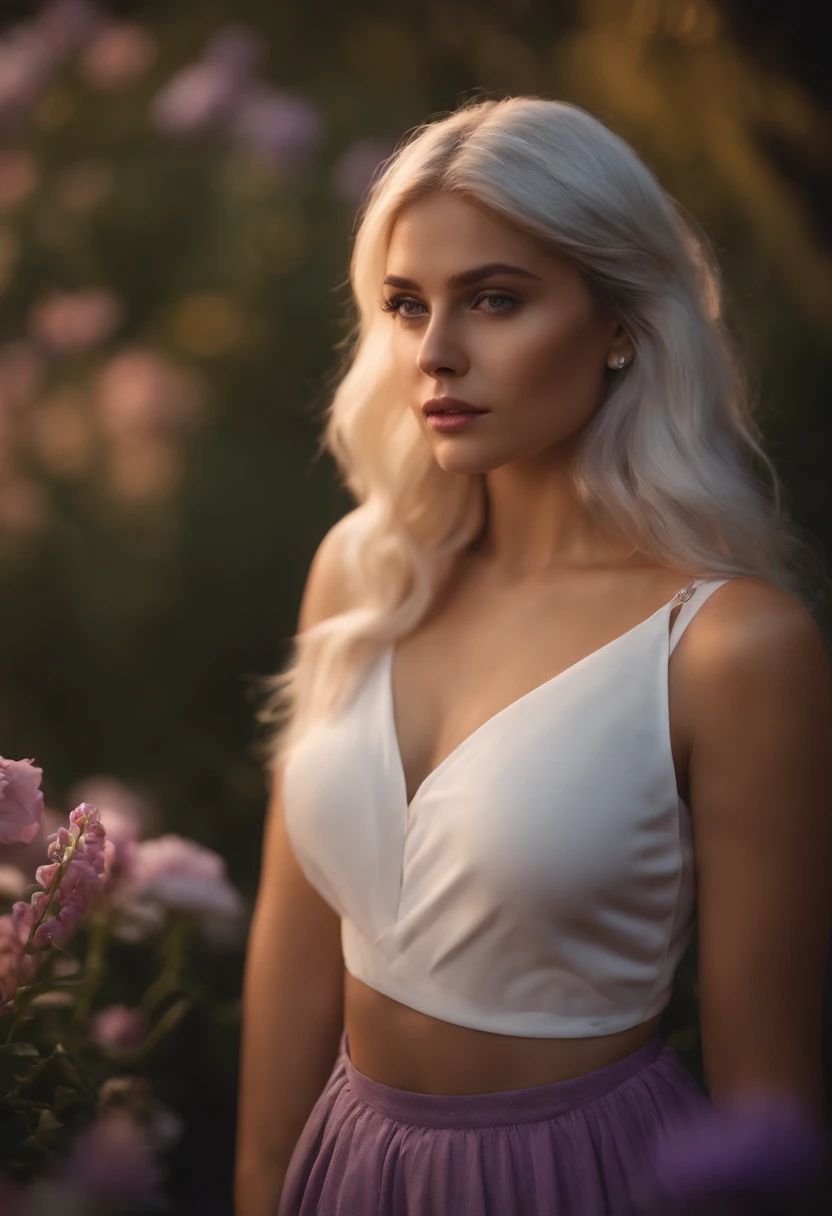 Best quality,masterpiece,ultra high res,photorealistic,raw photo,unity 8k wallpaper, realistic, 1girl, white hair, purple eyes, glowing eyes, crop top, skirt, parted lips, blush, night, flowers, sun, sunlight