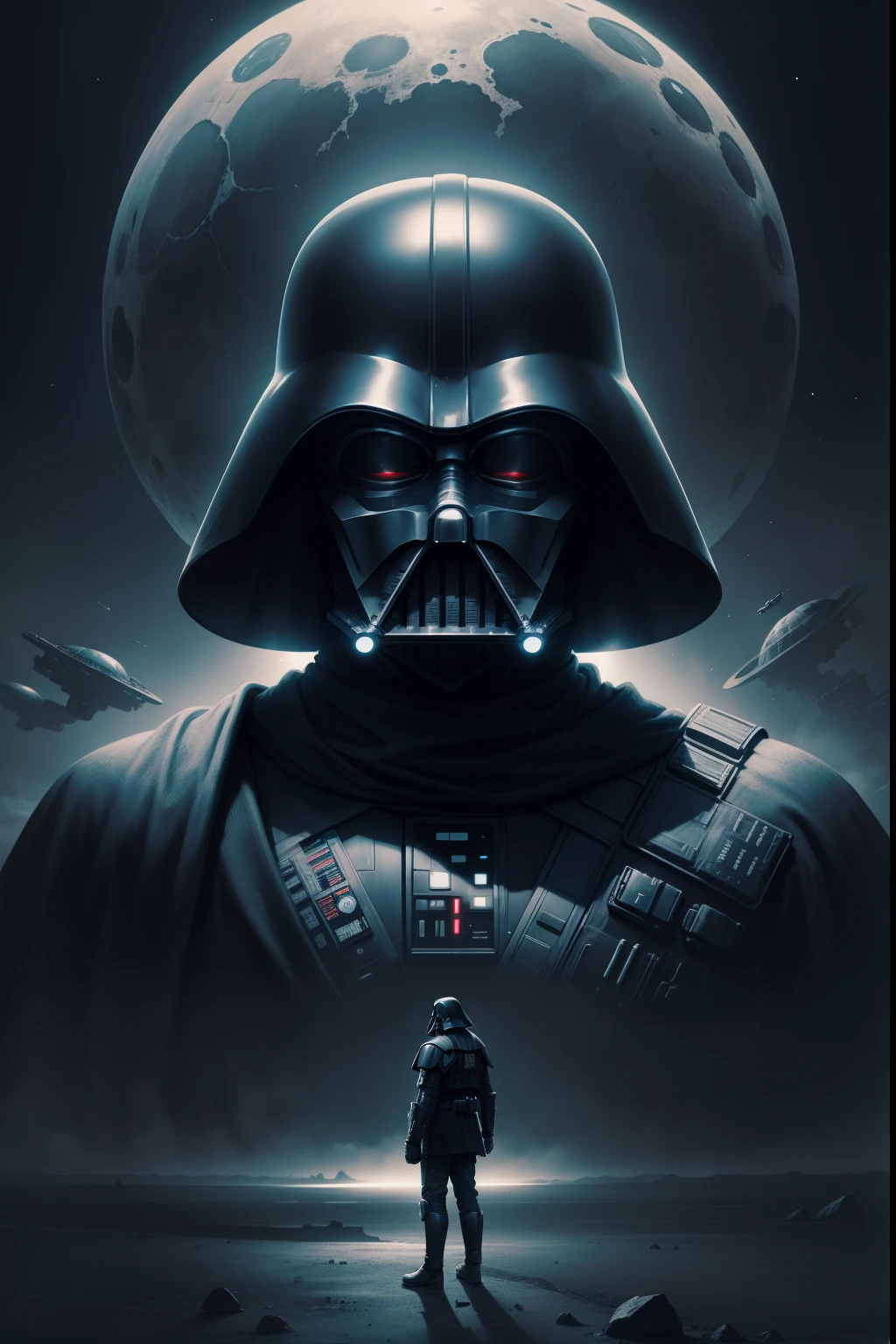 A grim portrait of Darth Vader, he is standing, and is on a planet with futuristic details, in the background black holes and spaceships