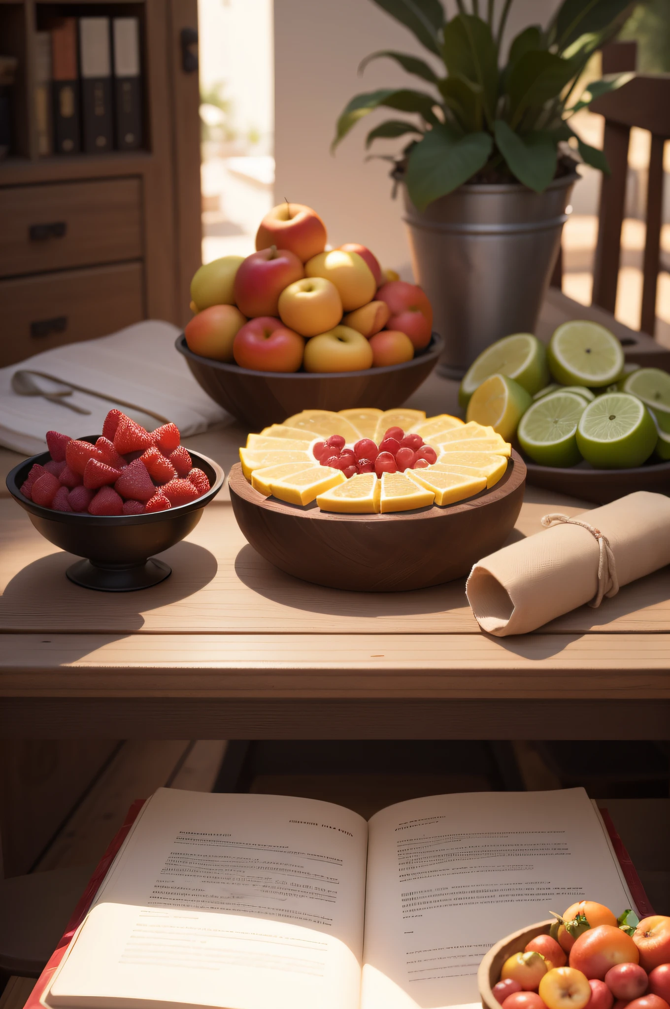 (8k, extremely high quality, master part: 1.2), Ultra Detalhe, extremely high quality, ultra high-resolution, professional lighting, photon maping, radiosidade, rendering physically based, Cinematic lighting, profundidade de campo, foco, raios solares, good composition, (Bokeh: 1.2), There's a cookbook in the middle of a table full of food, Frutas, leguminosas. Illustrative image for cookbook presentation.