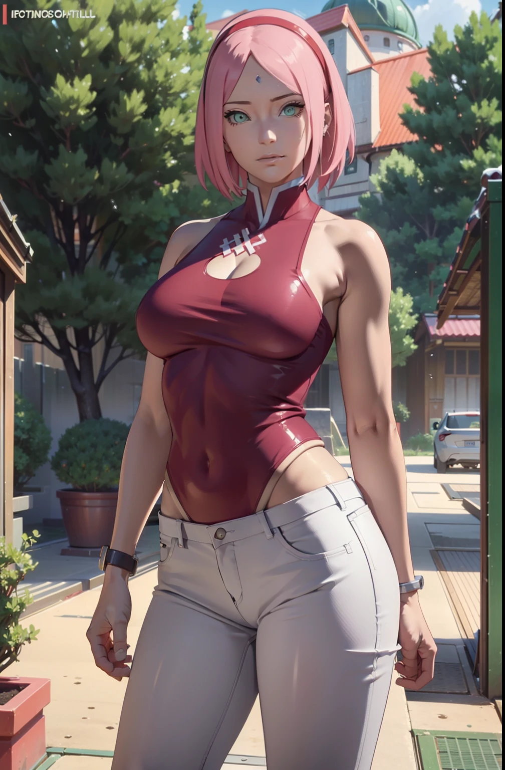 1 girl,Sakura Haruno,little breasts,trained body,full body,big ass,from the front,standing still,standing in a garden,White tight tank top,bauchfrei,ärmelllos,skinny jeans,sweet smile,sharp focus,beautiful girl, realistic, stunning realistic photograph, full lips, 3d render, octane render, intricately detailed, cinematic, trending on artstation | Isometric | Centered hyperelliptic cover photo awesome full color, high definition , cinematic, Rough sketch, mix of bold dark lines and loose lines, bold lines, glowing, lighting , focused, highly detailed hairs