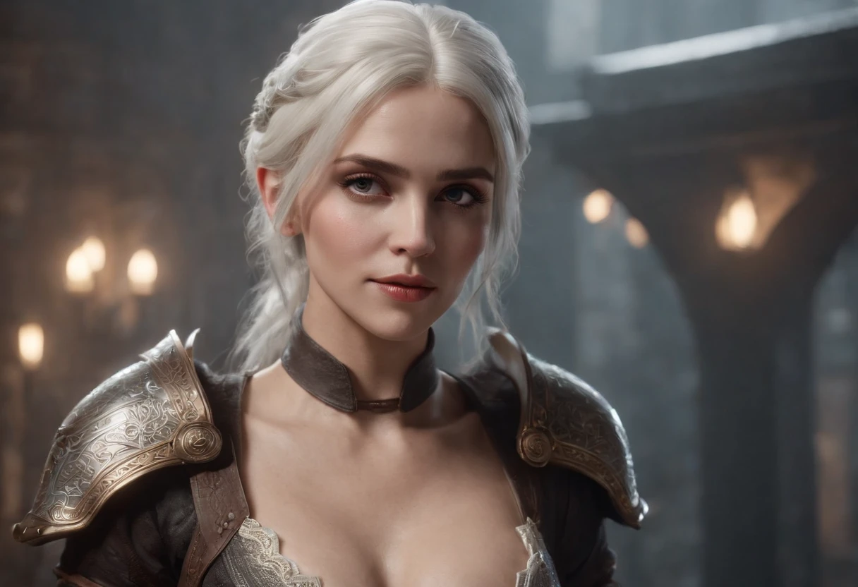 Cirilla Fiona Elen Riannon,The best illustration,Favor the details,closeup cleavage,dawn,Snow,winter,Wizard Sword,He has a delicate and beautiful face,((Red and white semi-mechanical body:1.8)),Raised sexy,cleavage,frontage,cyber punk perssonage,Futuristic,mechanically aesthetic,Complex machinery,Virtual Engine 5,Perfect detail rendering,rendering by octane,hyper HD