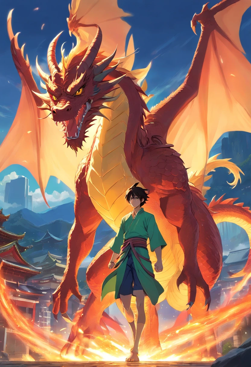Dragon Man，The prototype is a Chinese dragon，Riding a horse，He has a long two-pronged beard，Tabby，Well-developed limbs，musculous，standing on your feet
