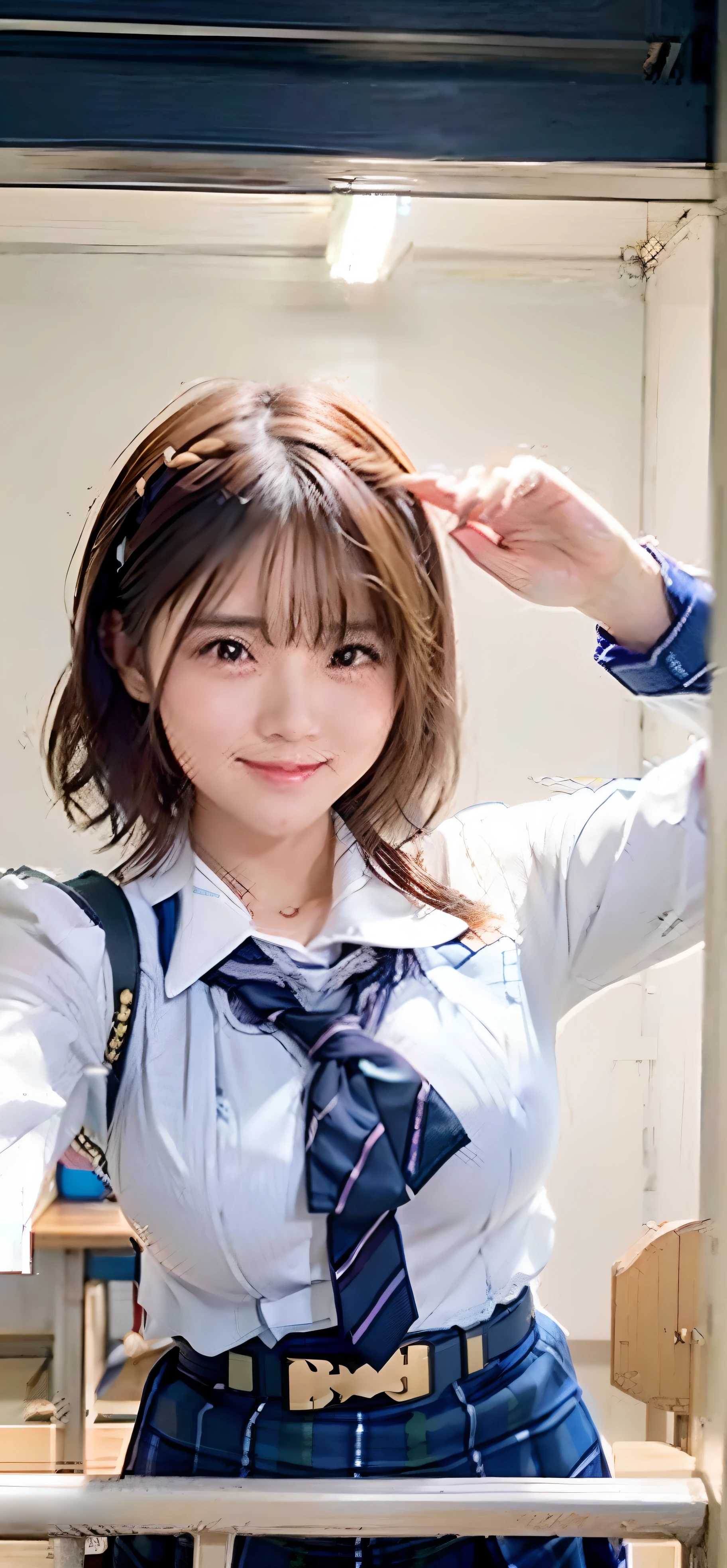 Alafed woman taking selfie with mobile phone in classroom、8K selfie photo、anime thai girl、Portrait of a girl、Wearing a uniform、Young woman selfie、young cute wan asian face、Wearing the Principal's Uniform、Selfie with straight angle、Gentle face、Round face Southeast Asian、Nivanchantara、🤤(((((large full breasts)))))、A smile、taut breasts、Japan student、Japanese student uniform、Braided hair