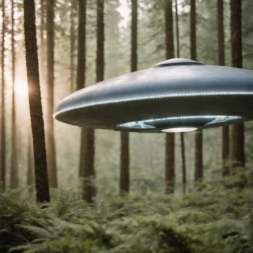 Alien gray in close, black eyes.  In the background a large flying saucer with several lights illuminating the forest, Cinematic art and high resolution.