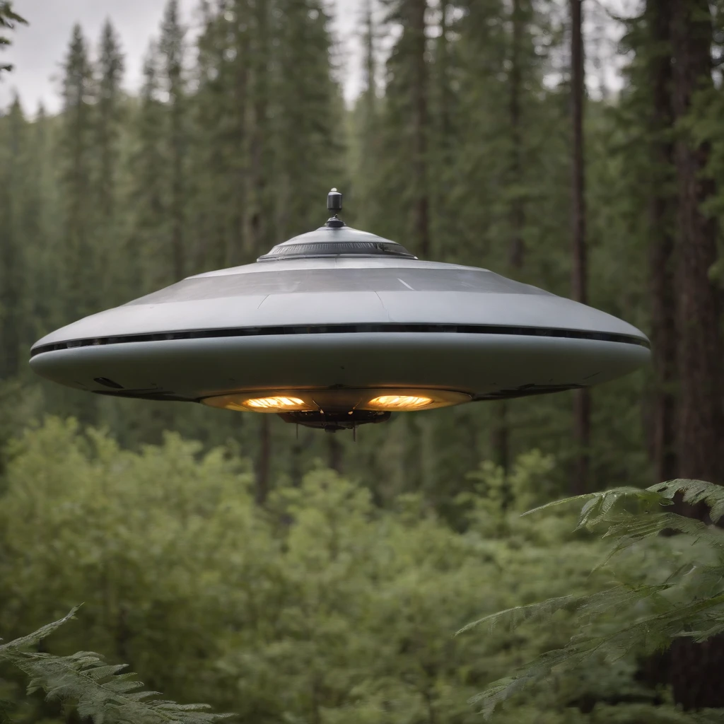 Alien gray in close, black eyes.  In the background a large flying saucer with several lights illuminating the forest, Cinematic art and high resolution.