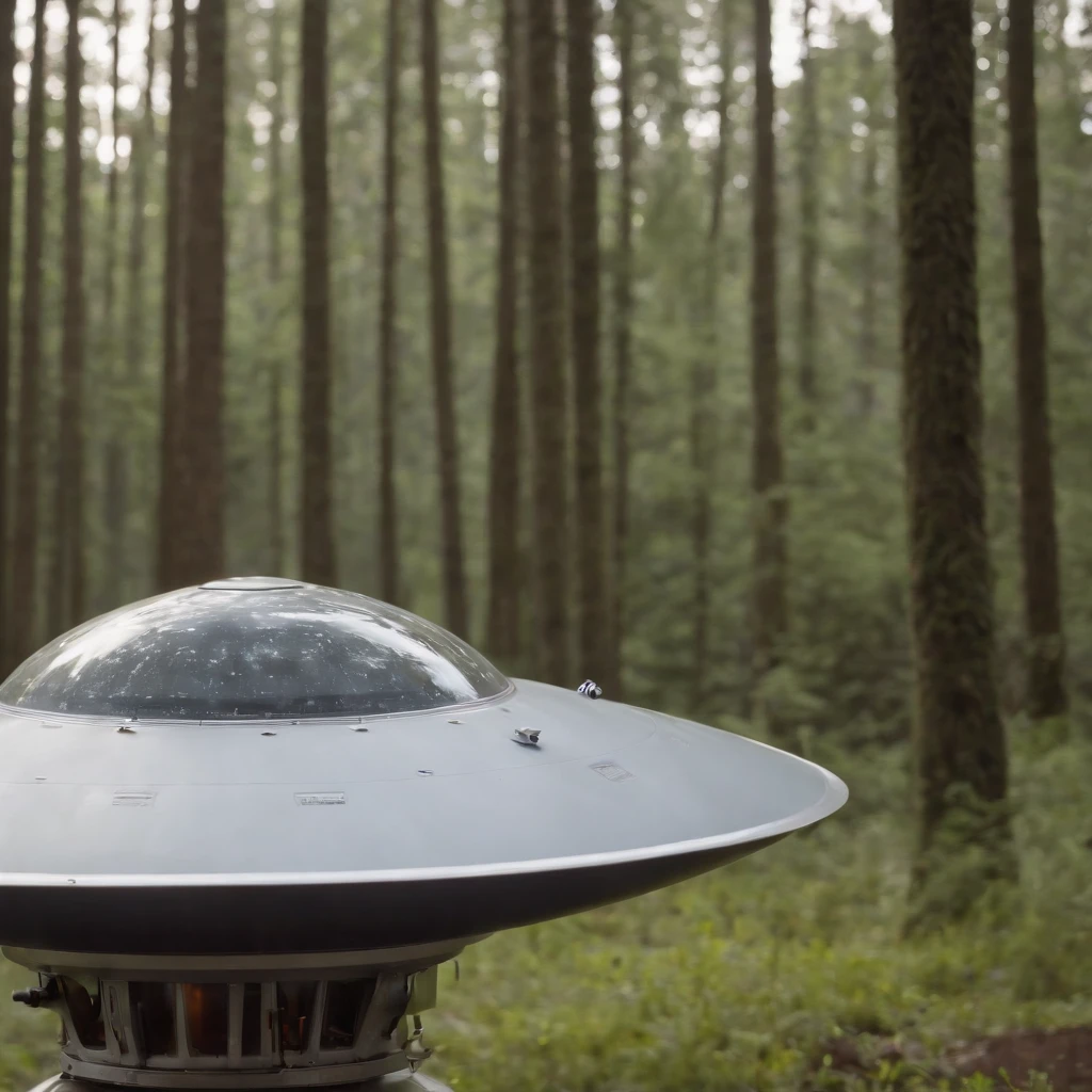 Alien gray in close, black eyes.  In the background a large flying saucer with several lights illuminating the forest, Cinematic art and high resolution.