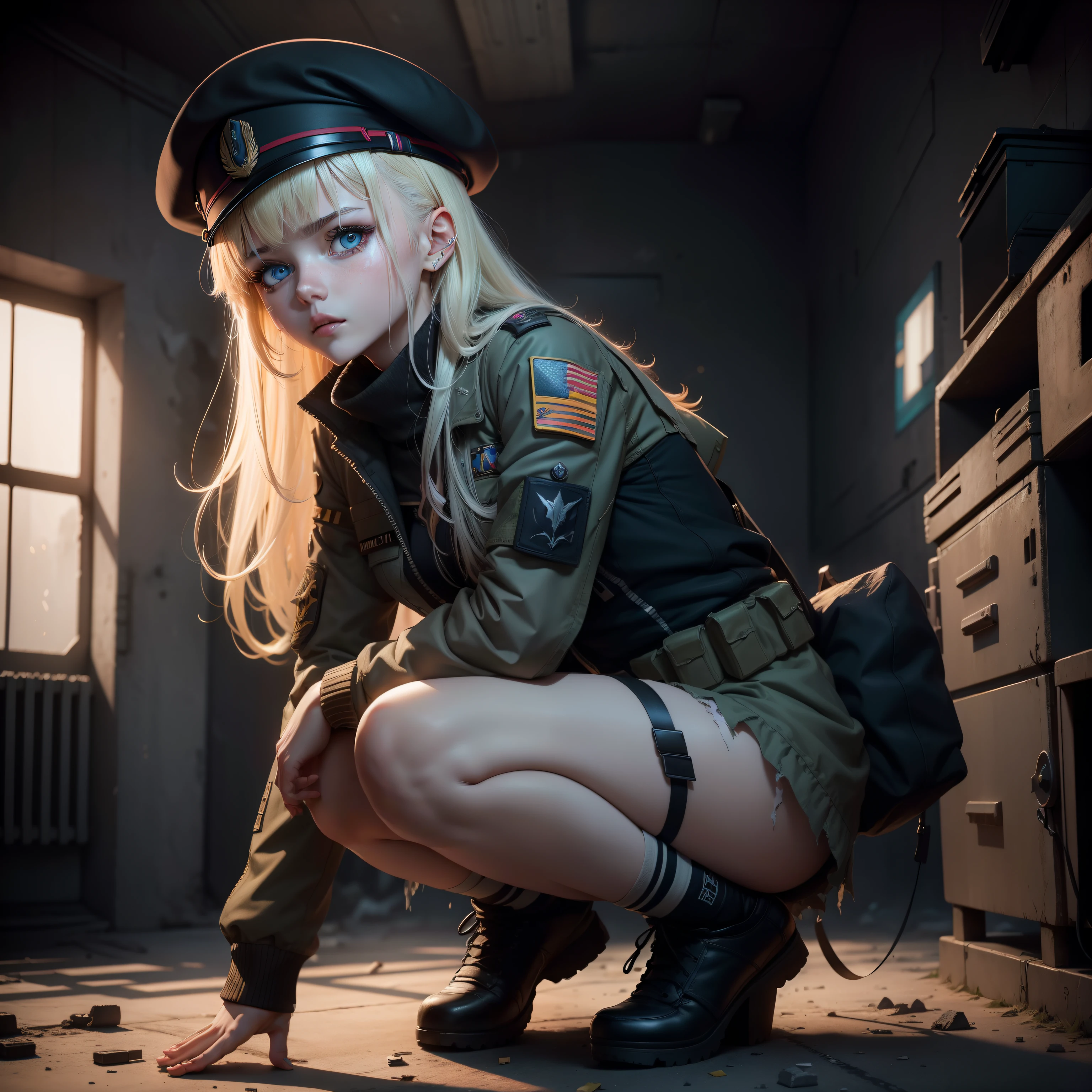 ukrainian girl , Ukrainian anime girls , , Ukraine , Full body composition of young girl with messy bright blonde hair,eye make up, , Soft lighting, Solo, Old torn dirty shabby futuristic military uniform, badges, Pose, Blotch color, Octane Render, Hyperrealistic intricate detail, Cinematic, 8K resolution, 70mm, Accent Lighting, Global Illumination, Full body portrait, clean detailed faces, intricate clothing, Cute face, flat chest, Slim waist, Slim legs, small hips,Wearing a beret,Special Forces Clothing,crouching down
