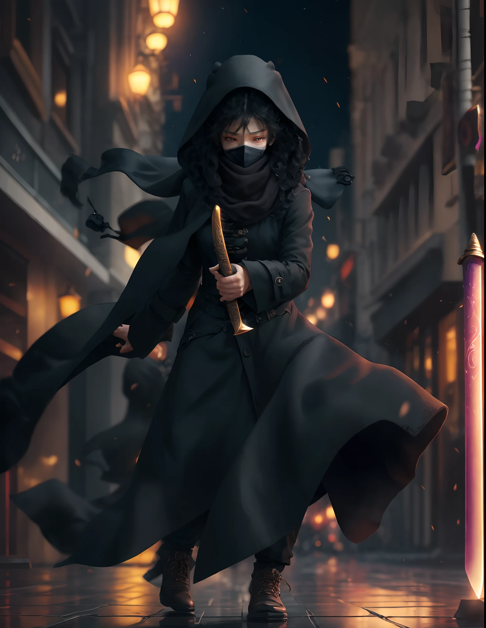 anime style, male anime character, man Black mask covering mouth, (long wavy hair), (black hair), (((black mask))),(heavy black scarf),(gas condition),(( (black overcoat))) , (night moonlight),(tanned skin tone),(holding a katana),(floor),(spectators),(fighting move),hand-drawn anime style, dynamic, full length, animation quality, ANIME icon, looking at camera face, 8k, full length, best background, masterpiece, awesome titles, ultra hd|, insane title, perfect hands --auto --s2
