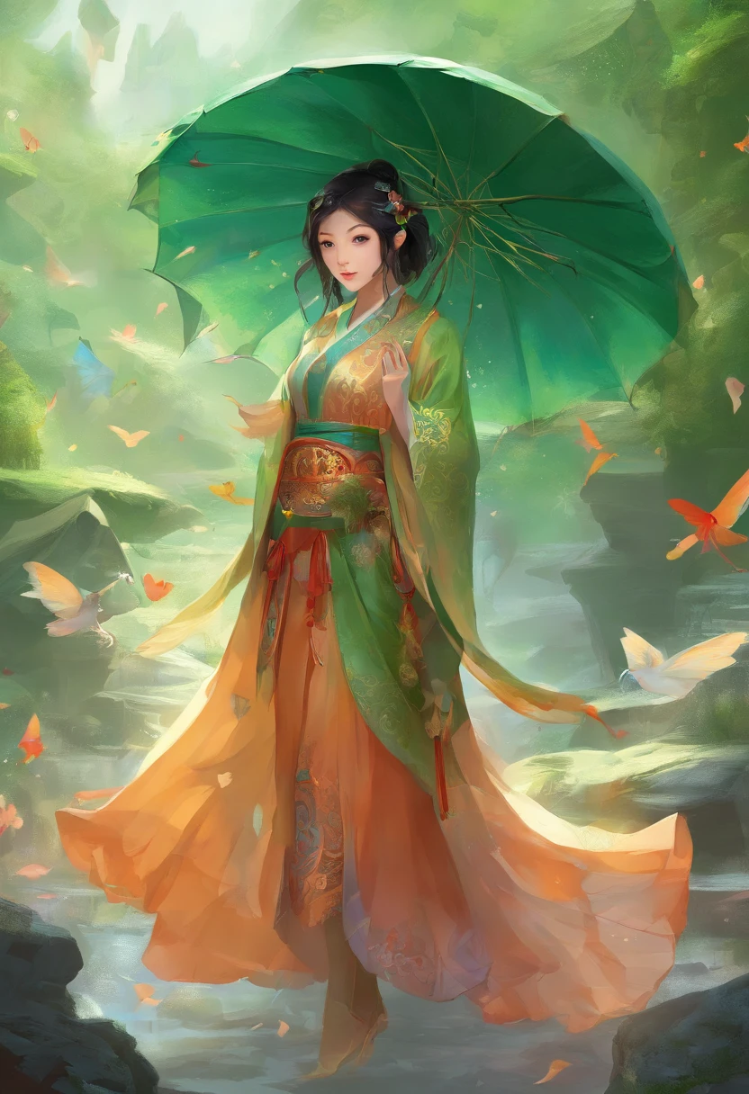Underwear rain,Slanted and dense raindrops,water,Mountains,oil-paper umbrella,There is fog,ladybug,Buds,Cogumelos,Wearing Chinese Han Dynasty costumes,Chinese fairy with loose black hair,The fairy holds an umbrella,green color