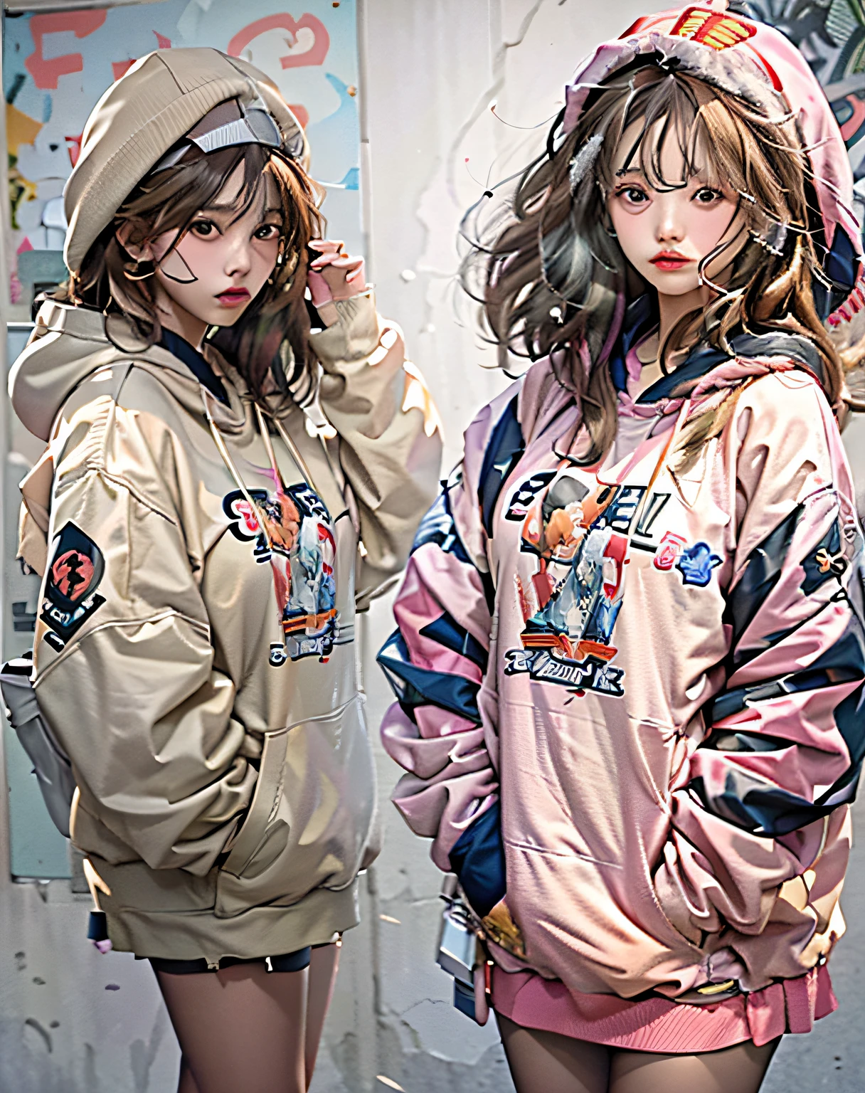 (Hyper-realistic) , (illustratio), (Increase the resolution), (8K), （RAW photos，best qualtiy），（realisticlying，photograph realistic：1.3），best qualtiy，highly  detailed，tmasterpiece，Hyper-detailing，one-girl，Stylish sweatshirt, Windbreaker long skirt，Poster on the front。