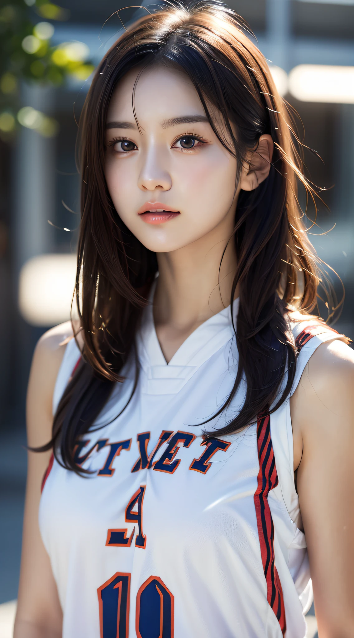 clothed、(photo real:1.4)、(Hyperrealistic:1.4)、(Realstic:1.3)、
(Smoother lighting:1.05)、(Improved lighting quality in movies:0.9)、32 k、
1GIRL、20 years old girl、Realistic Lighting、Backlit、Facial light、Ray Trace、(Brightening light:1.2)、(Increase quality:1.4)、
(Top Quality Real Texture Skin)、Fine eyes、finerly detailed face、
(Tired, sleepy and satisfied:0.0)、closeup on face、basketball uniform:1.3、
(Bodyline mood improvement:1.1)、Glossy skin、actress、korean idol、Nogizaka Idol、hposing Gravure Idol、Beautiful actress、Neat and clean woman、