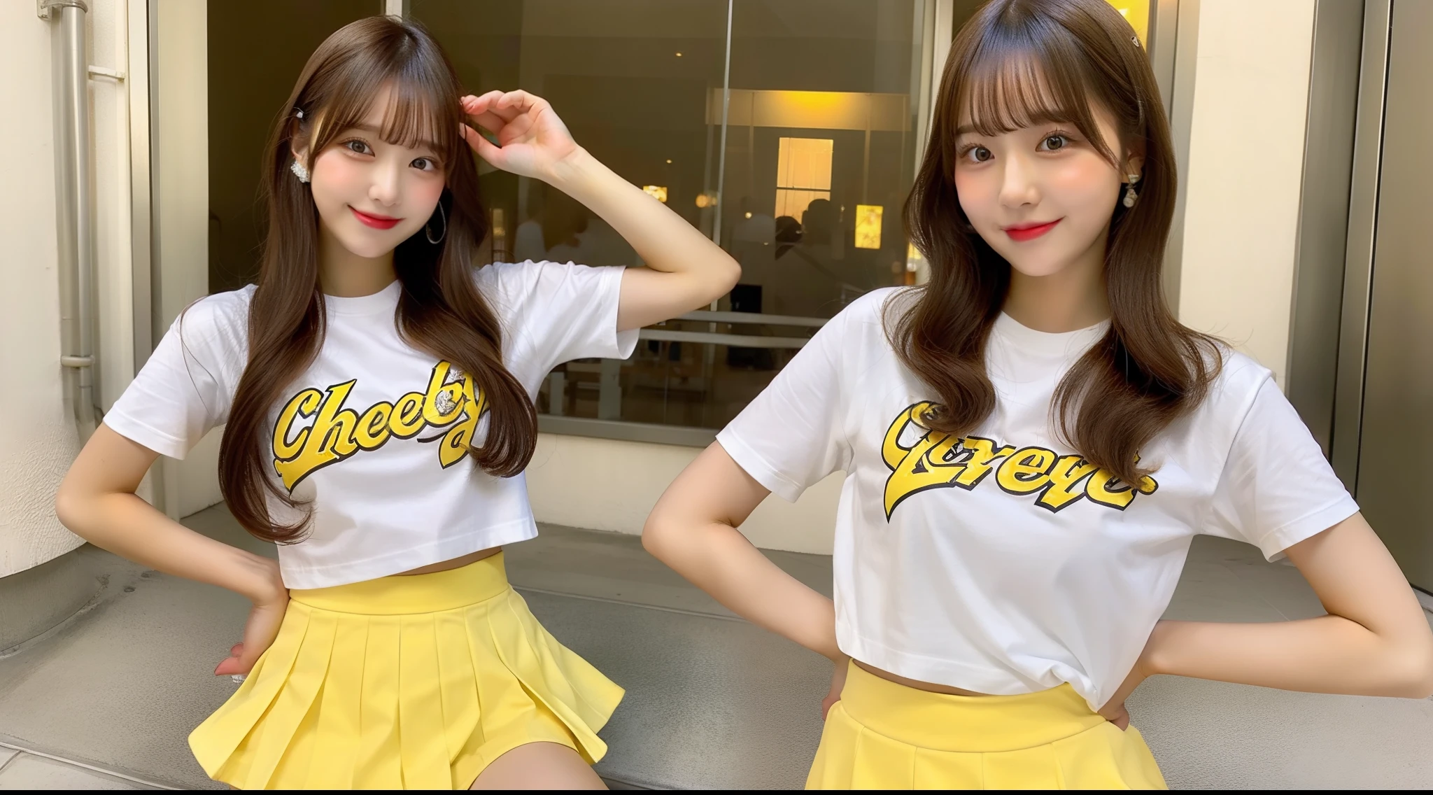 Cheergirl in yellow mini skirt wearing white t-shirt
