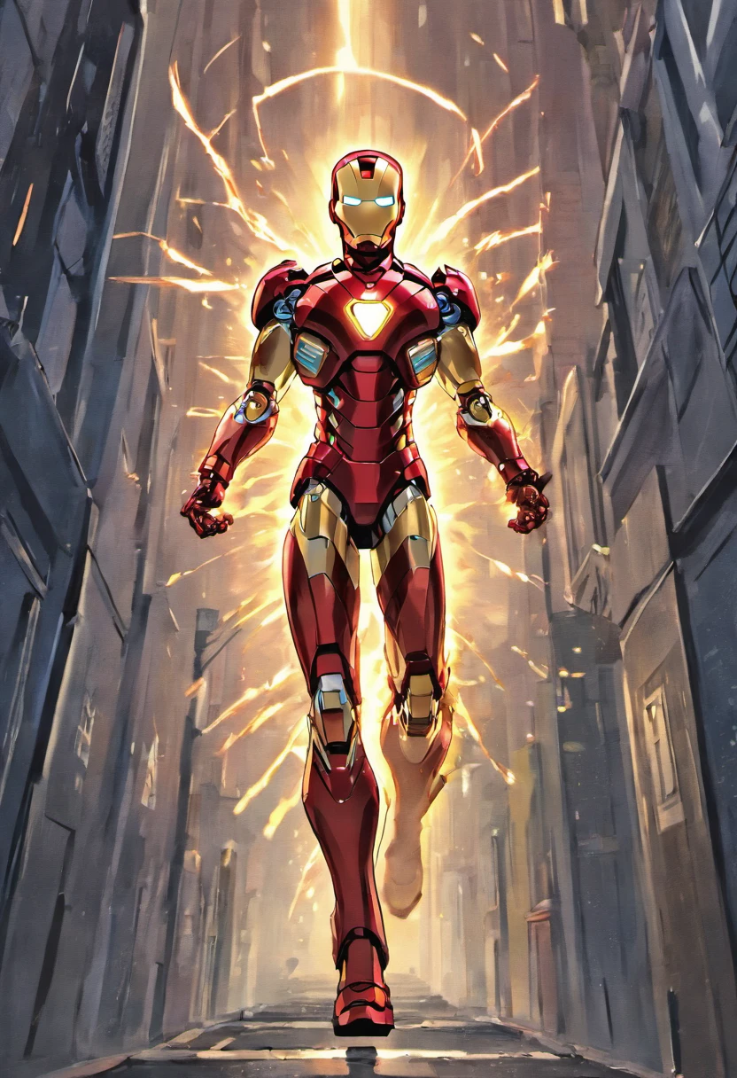 Iron Man,red and gold suit,flying through the city,explosions and sparks,advanced technology,arc reactor,high-tech gauntlet,repulsor blasts,energetic hero,battle-ready stance,cityscape background,night time lighting,vivid colors,photo-realistic,ultra-detailed,professional,concept art style,heroic pose,action-packed,superhero movie poster,masterpiece:1.2.
