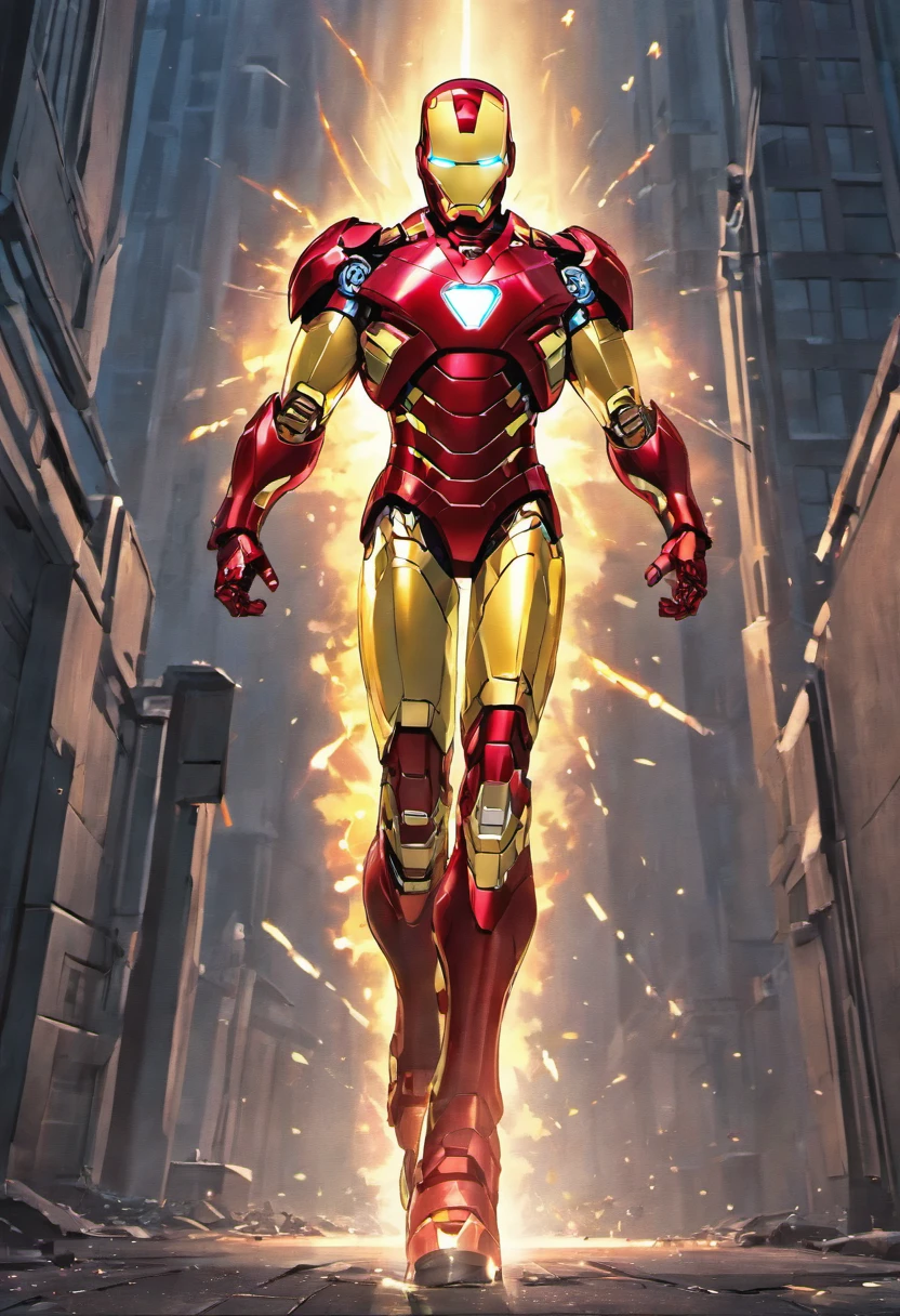 Iron Man,red and gold suit,flying through the city,explosions and sparks,advanced technology,arc reactor,high-tech gauntlet,repulsor blasts,energetic hero,battle-ready stance,cityscape background,night time lighting,vivid colors,photo-realistic,ultra-detailed,professional,concept art style,heroic pose,action-packed,superhero movie poster,masterpiece:1.2.