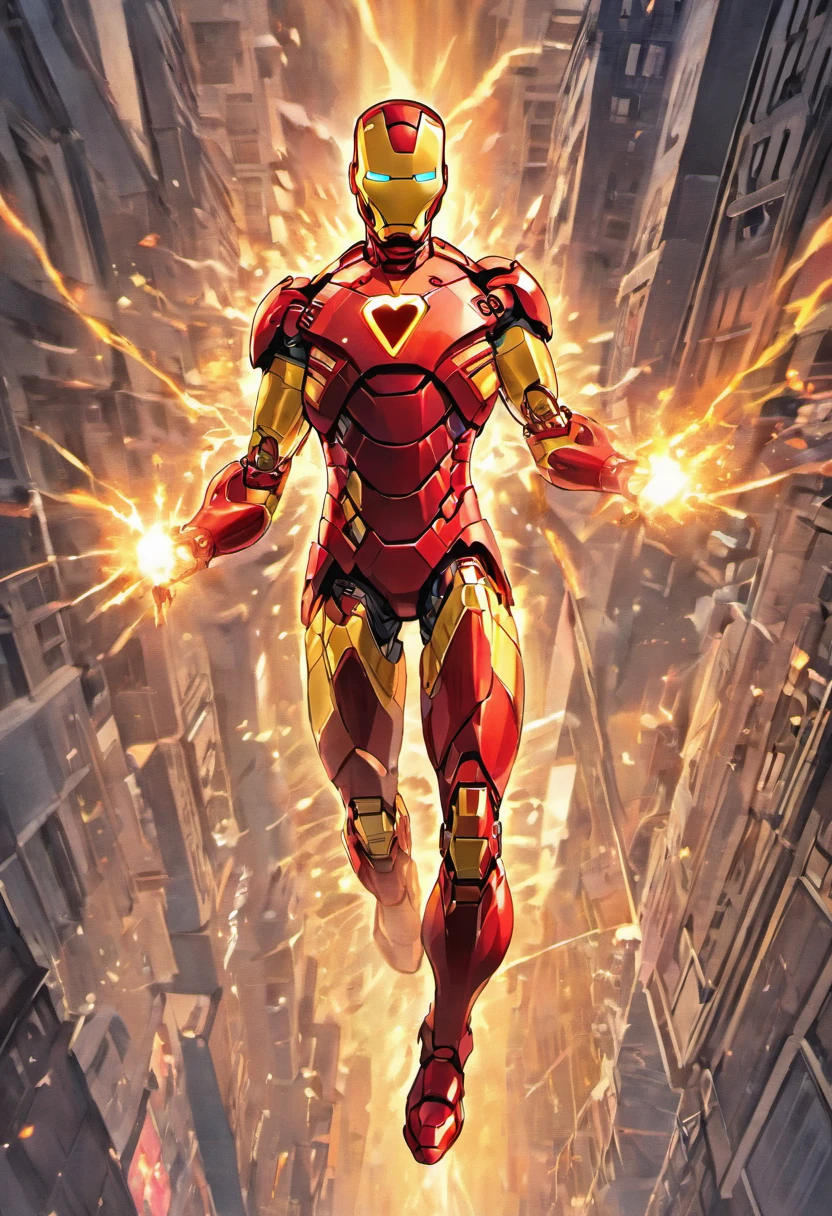 Iron Man,red and gold suit,flying through the city,explosions and sparks,advanced technology,arc reactor,high-tech gauntlet,repulsor blasts,energetic hero,battle-ready stance,cityscape background,night time lighting,vivid colors,photo-realistic,ultra-detailed,professional,concept art style,heroic pose,action-packed,superhero movie poster,masterpiece:1.2.