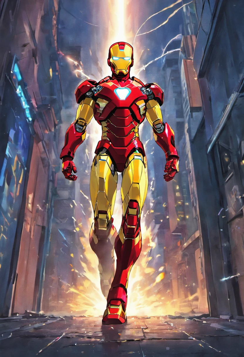 Iron Man,red and gold suit,flying through the city,explosions and sparks,advanced technology,arc reactor,high-tech gauntlet,repulsor blasts,energetic hero,battle-ready stance,cityscape background,night time lighting,vivid colors,photo-realistic,ultra-detailed,professional,concept art style,heroic pose,action-packed,superhero movie poster,masterpiece:1.2.