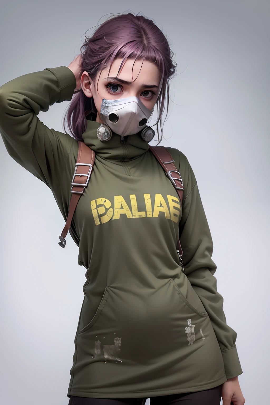 Who has a gas mask, ropa militar de soldado de combate y hay niebla a su alrededor. Esta chica tiene el pelo morado, sus ojos y su rostro quedan De su mascara sale tiene (pelo morado) Que aparezca (cuerpo completo) que su rostro se vea bien que la imagen se vea bien no borrosa y mal formada