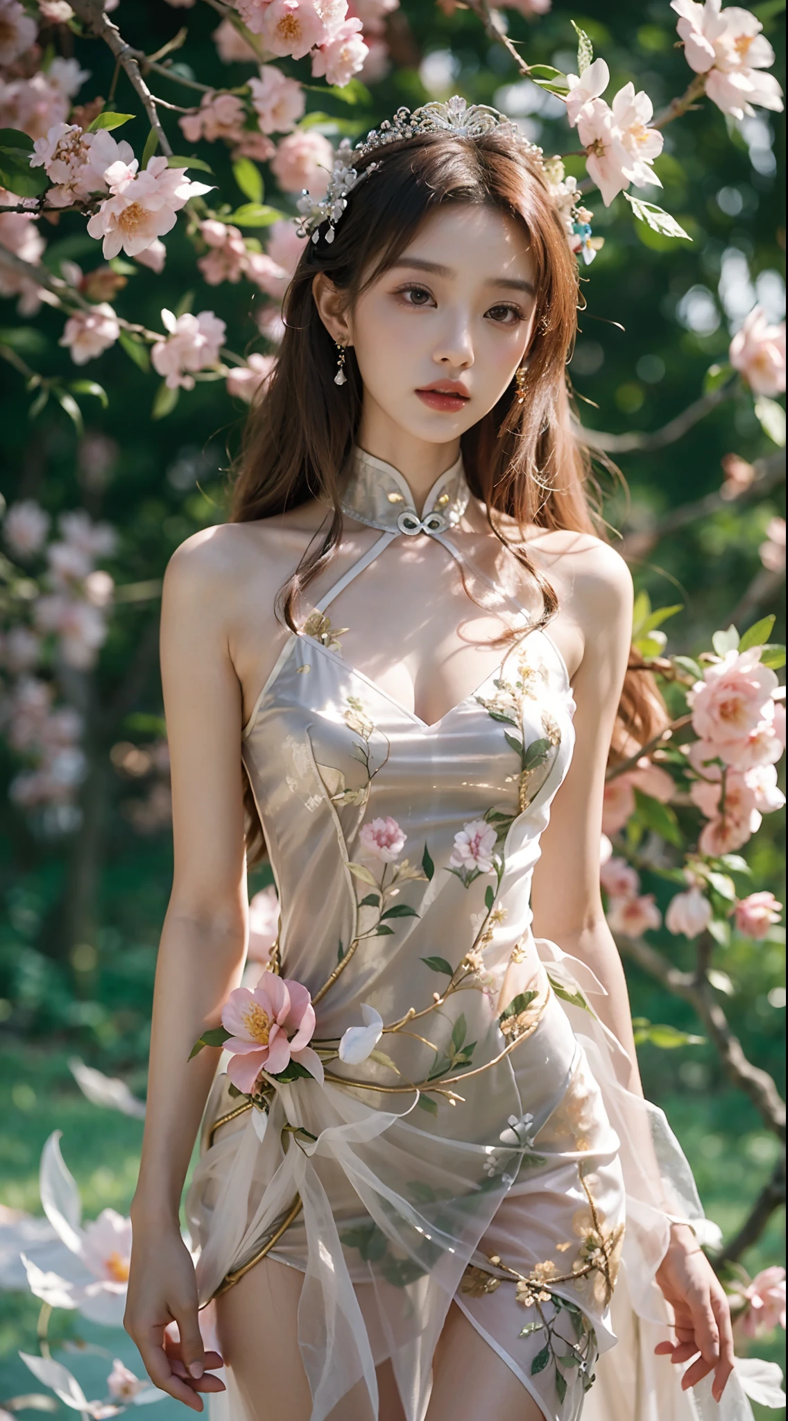 A woman in a dress stands in front of a tree, Ethereal beauty, beautiful female bodies, a stunning young ethereal figure, Cheongsam, Very ethereal, Translucent body, Translucent dress, By Leng Mei, extremely beautiful and ethereal, intricate body, gorgeous chinese models, Oriental fantasy, Incredibly ethereal, flower goddess, Beautiful goddess, ((a beautiful fantasy empress))