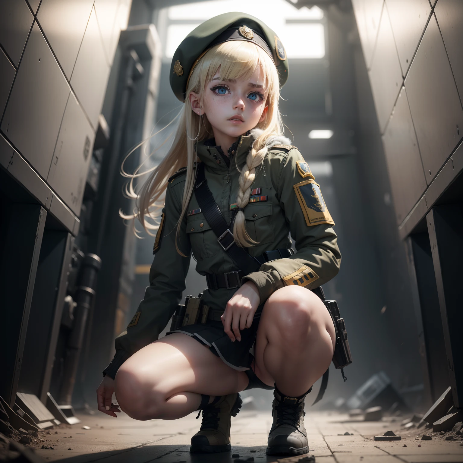 ukrainian girl , Ukrainian anime girls , , Ukraine , Full body composition of young girl with messy bright blonde hair,eye make up, 14 year old, Soft lighting, Solo, Old torn dirty shabby futuristic military uniform, badges, Pose, Blotch color, Octane Render, Hyperrealistic intricate detail, Cinematic, 8K resolution, 70mm, Accent Lighting, Global Illumination, Full body portrait, clean detailed faces, intricate clothing, Cute face, flat chest, Slim waist, Slim legs, small hips,Wearing a beret,Special Forces Clothing,crouching down,I see underwear