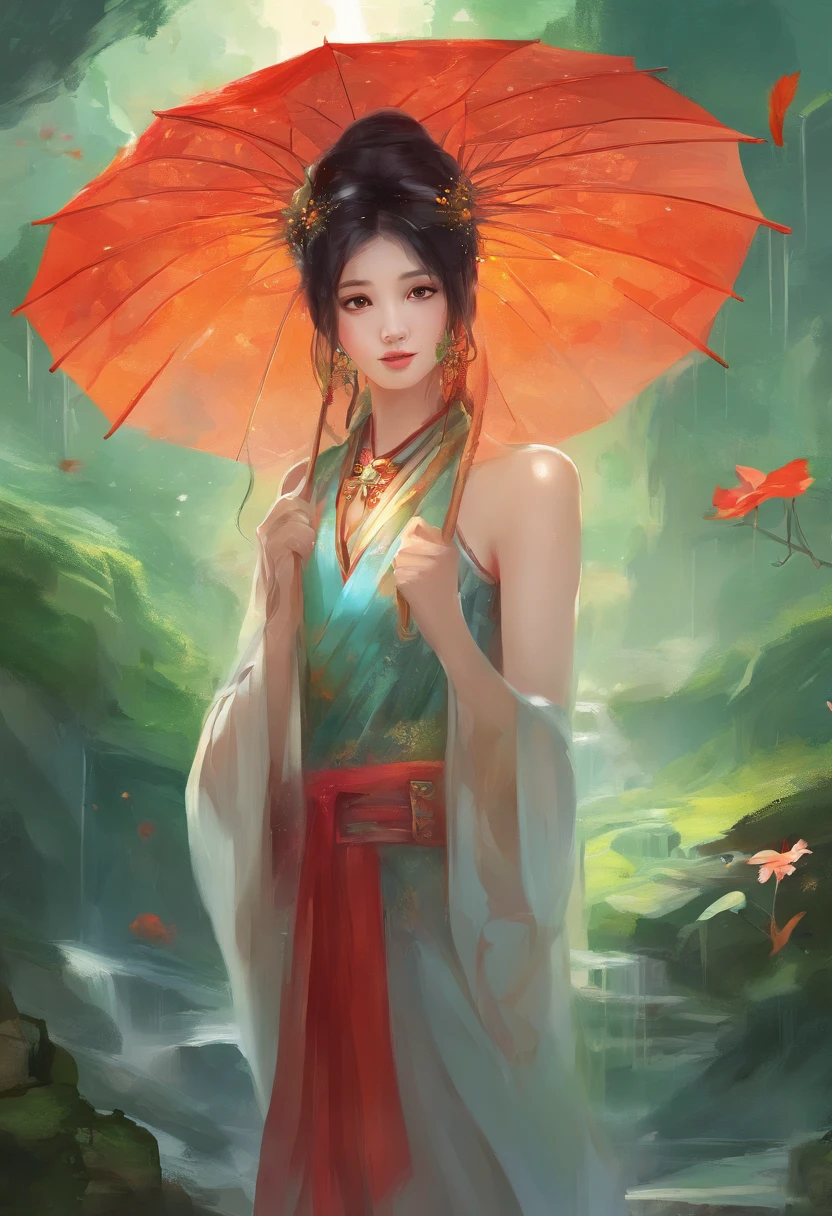 Underwear rain，Slanted and dense raindrops，water，Mountains，oil-paper umbrella，There is fog，ladybug，Buds，Cogumelos，Wearing Chinese Han Dynasty costumes，Chinese fairy with loose black hair，The fairy holds an umbrella，verde claro