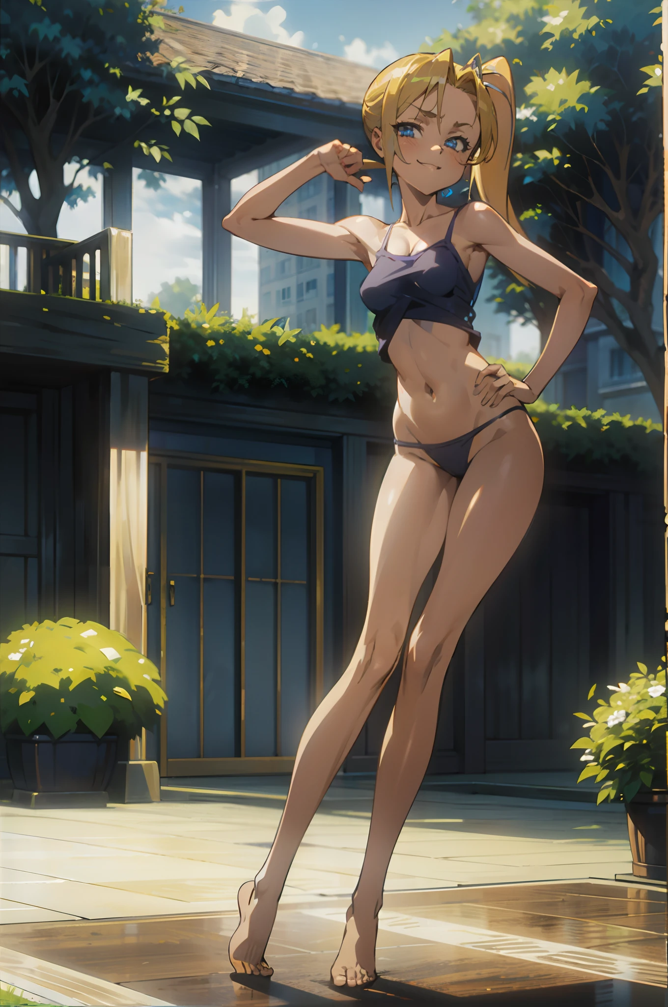 1girl, blue eyes, blonde hair, camisole, full body, (small breasts:1.3), standing, (:1), (large eyes:1), (wide hips:1.3), garden, low ponytail, grinning, (bouncing breasts:1.2)