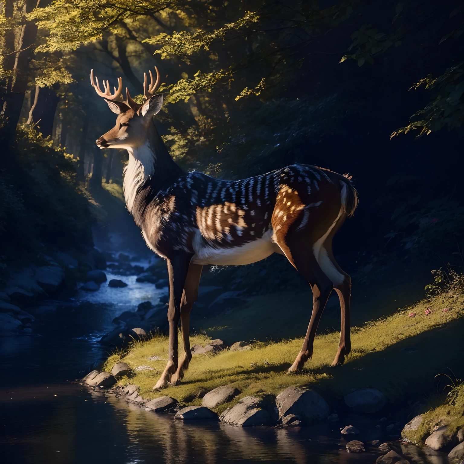 A majestic deer with a glossy coat of fur, standing in a sun-dappled clearing in a lush forest, flowers, plants, a small river nearby, printable --auto