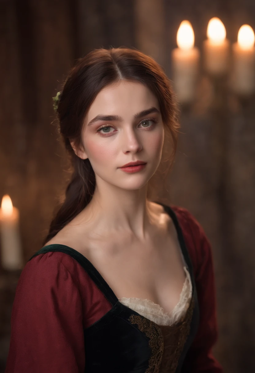 (((A deep red wound streaked across her left cheek))) Fair complexion, A woman around 19 years old, Natural gray hair, Unique green eyes, Wear Cole, Slender and graceful, Beautiful, Candlelight in a medieval setting, super sharp focus, realistic lens, Medieval women's clothing, Four colors (Scar:1.4)