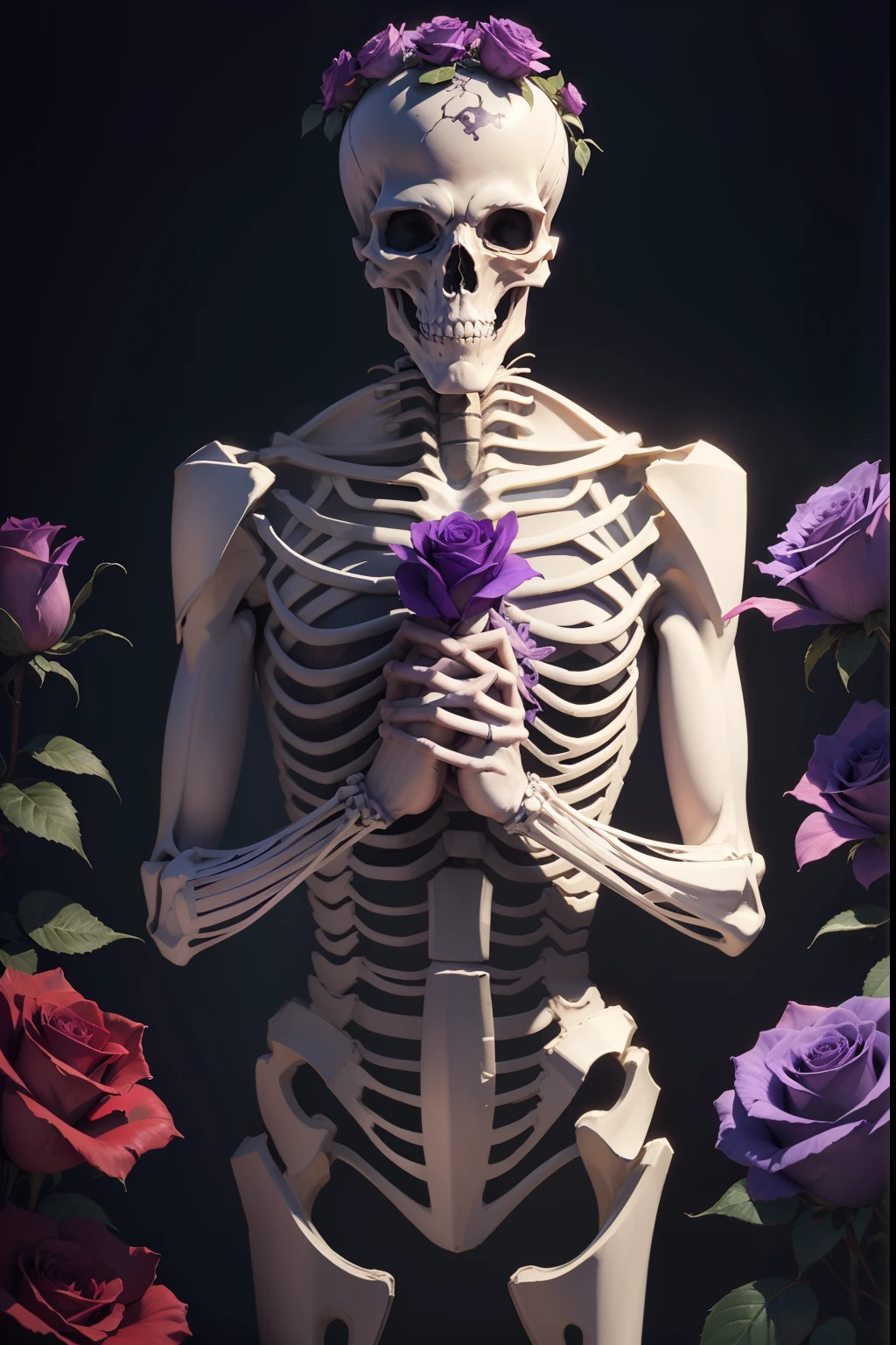 A naked skeleton clasped his hands together in prayer，Holding a purple rose in his hand，high high quality，k hd，fond violet，Face it head-on，pray