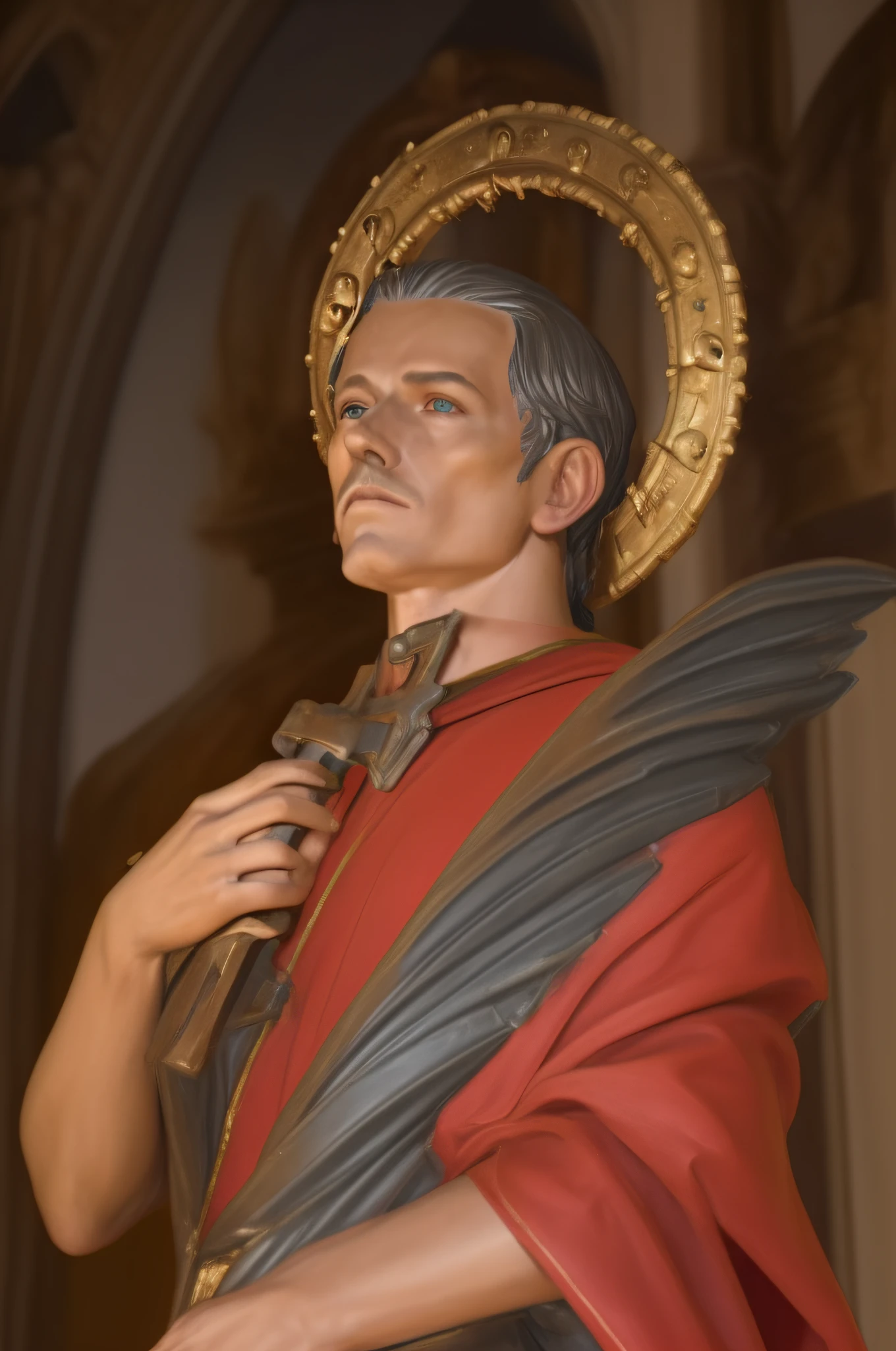 Statue of a man with a crown and a red robe, santo, christian saint, inspirado em Charles McAuley, portrait of saint of the pit, NPC com halo de santo, saint of the pit, NPC com um santo\halo do, macho com halo, a statue of a saint holding a cross. Santo bonito, homem bonito, Manly man.