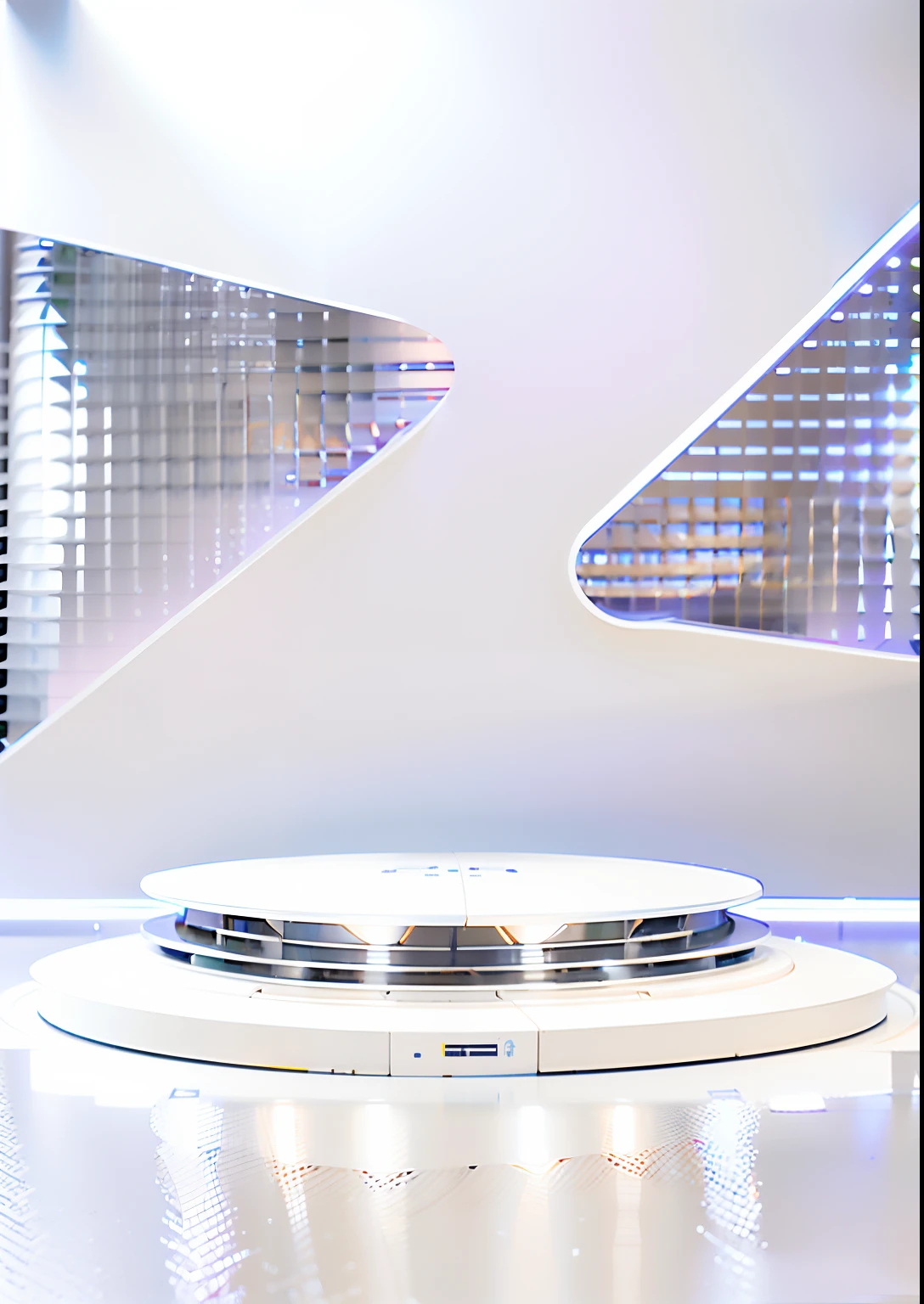 White mechano-tech podium with white background and white background, There are mechanical patterns on the podium,Blue light flashes under the grooves of the grain,background is white, white studio background, Stage background, a round minimalist behind, round background, white ambient background, Background(Solid), futuristic room background,A sense of future technology, background is white and blank, The background is white, clean white lab background, plain studio background, studio context, circular base, White background : 3