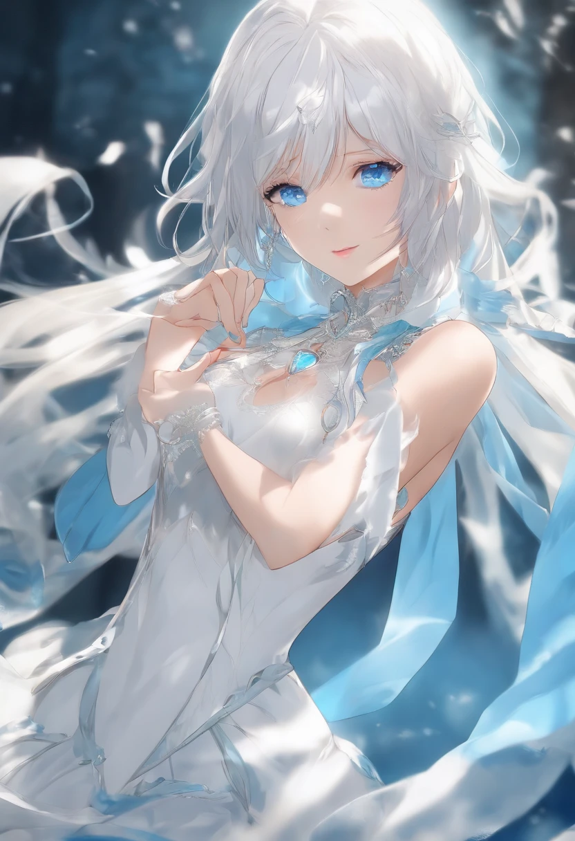 (masutepiece:1.2)(Best quality:1.2)(Ultra-detailed:1.2)(Cinematic lighting effects:1.2)(Handsome girl:1.2)(white predominant color:1.2)(Blue eyes:1.2)