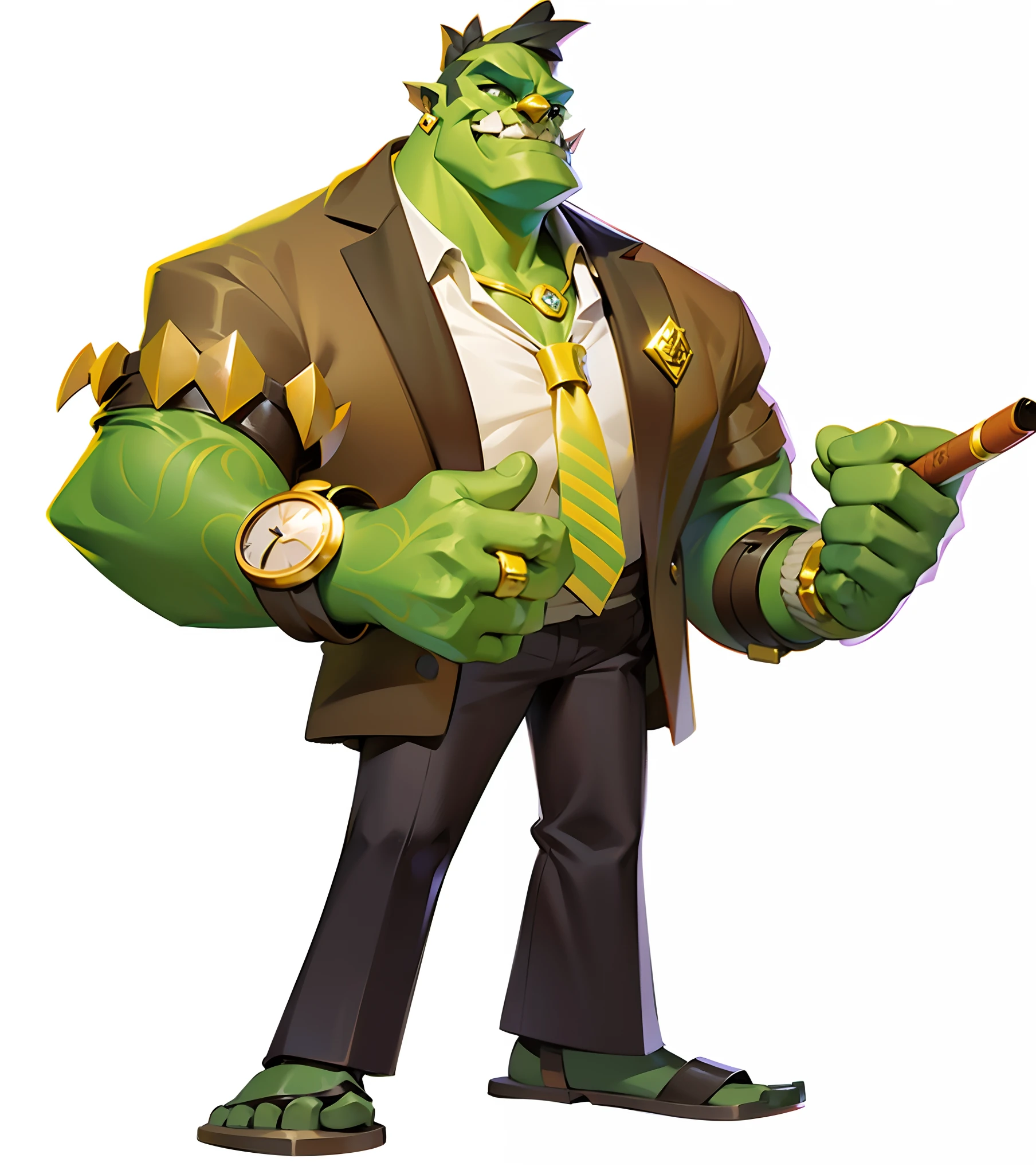 A cartoon image of a man in a suit and tie holding a cigar, Hand strap gold watch。golden necklace，Badge，official character illustration, manly monster tough guy, official character art, Handsome Frankenstein, Official concept art, The Hulk, portrait of an orc, merged character, super rich happy pepe, Portrait of the Hulk, inspired by Tomer Hanuka, menacing posture, Hulk, offcial art, Character artwork