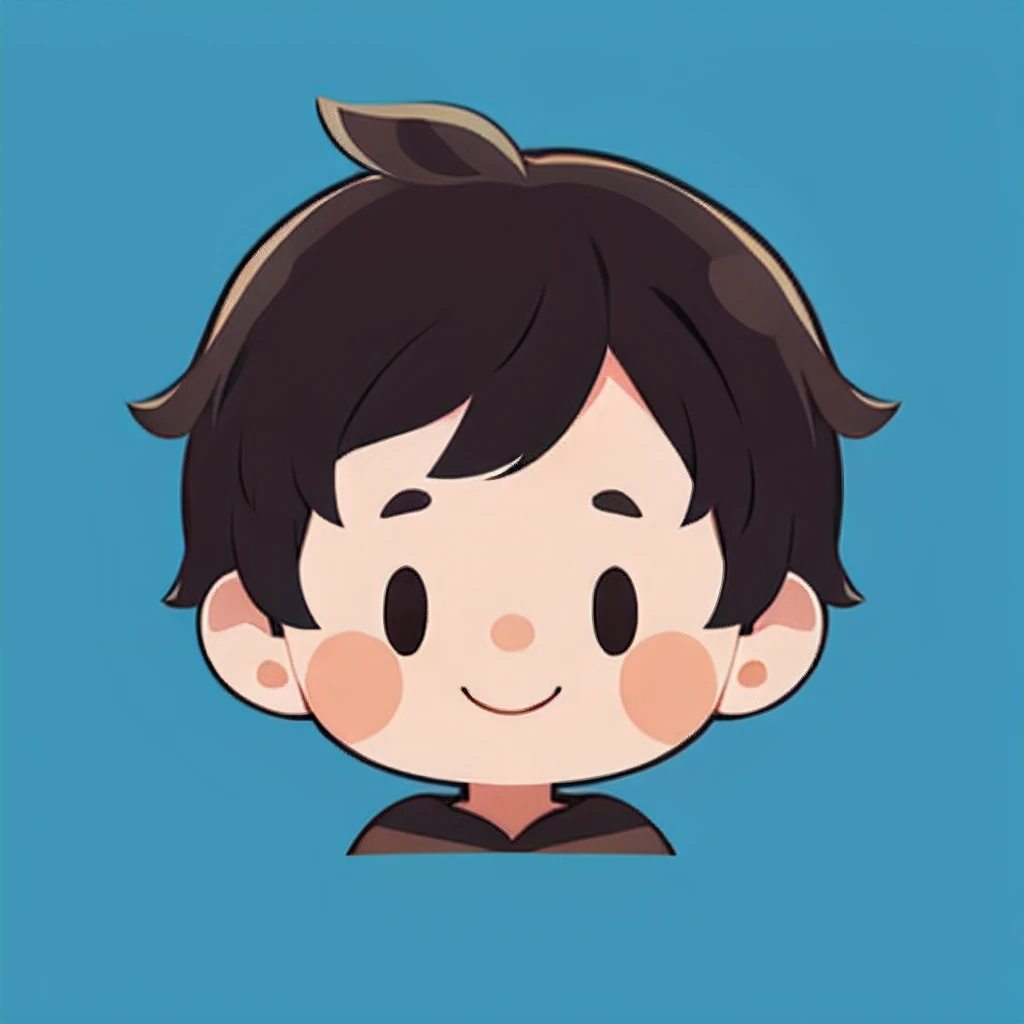 Flat avatar, Sunny handsome little boy, ssmile, head portrait, Sky blue background, brunette color hair,