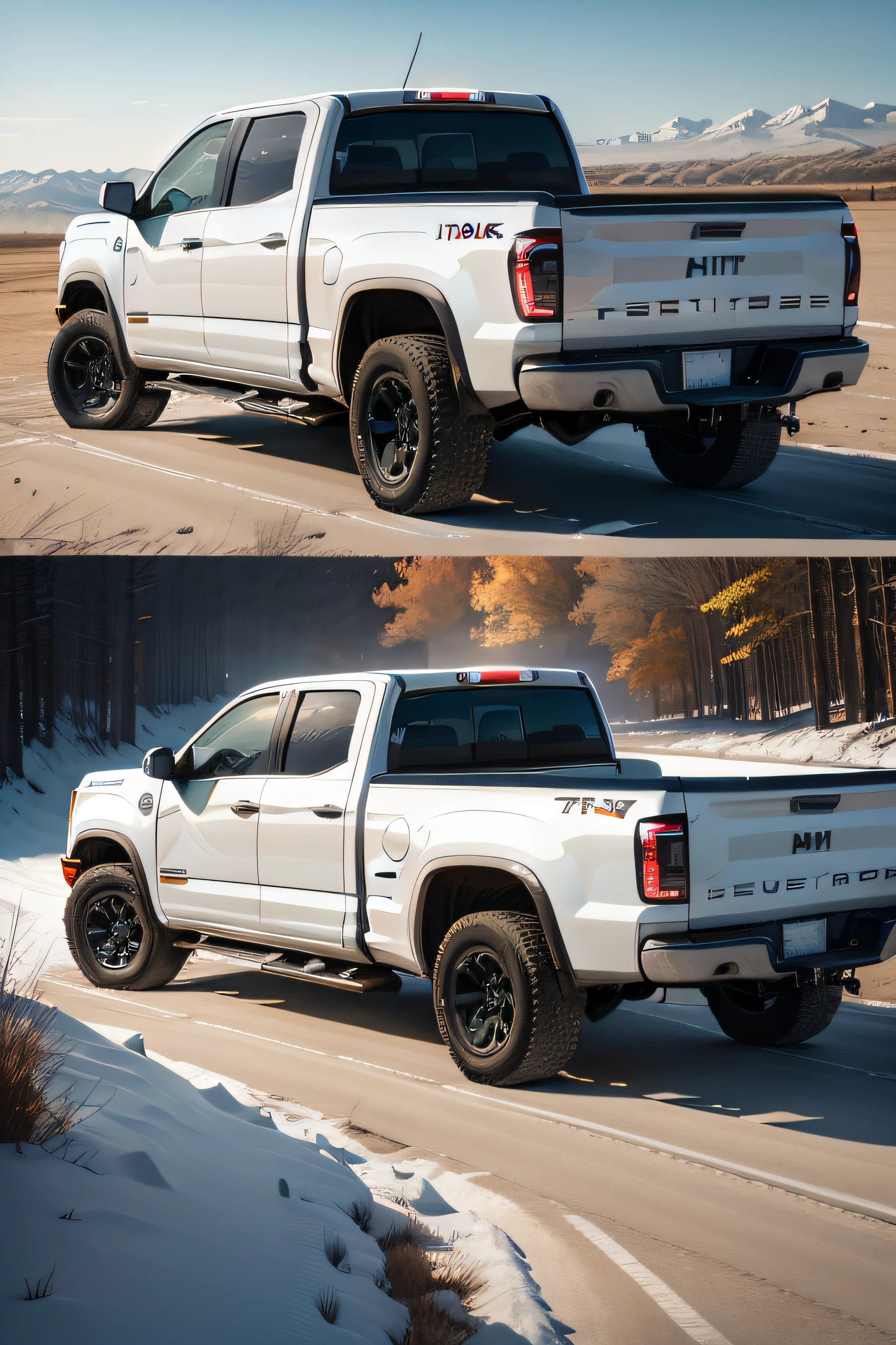 Generate a picture of a white pickup truck, The car angle is 20 degrees to the rear side