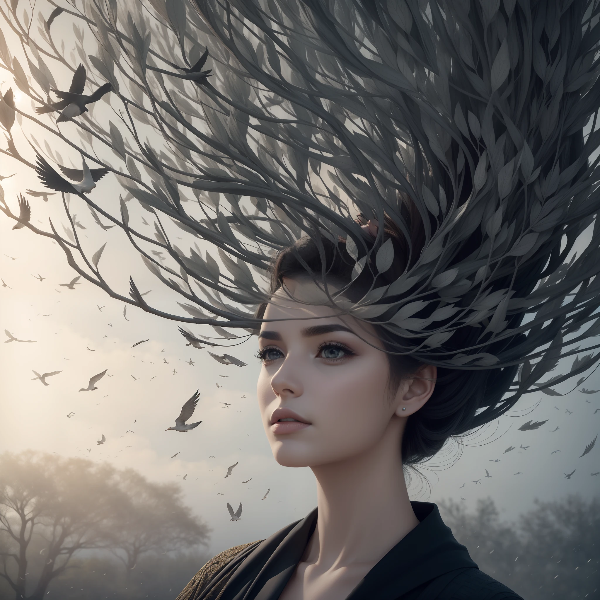 Image of a tree with a flock of birds flying around it, and forming a woman's face with the Wind blowing the leaves, inspired by Igor Morski, whatever comes to mind, Directed by: Nabil Kanso, come to your mind, dissociation, imaginative!!!, beautiful art, Gray matter and neurons, imaginative!!!, In the face of anxiety and longing, Directed by: Fathi Hassan