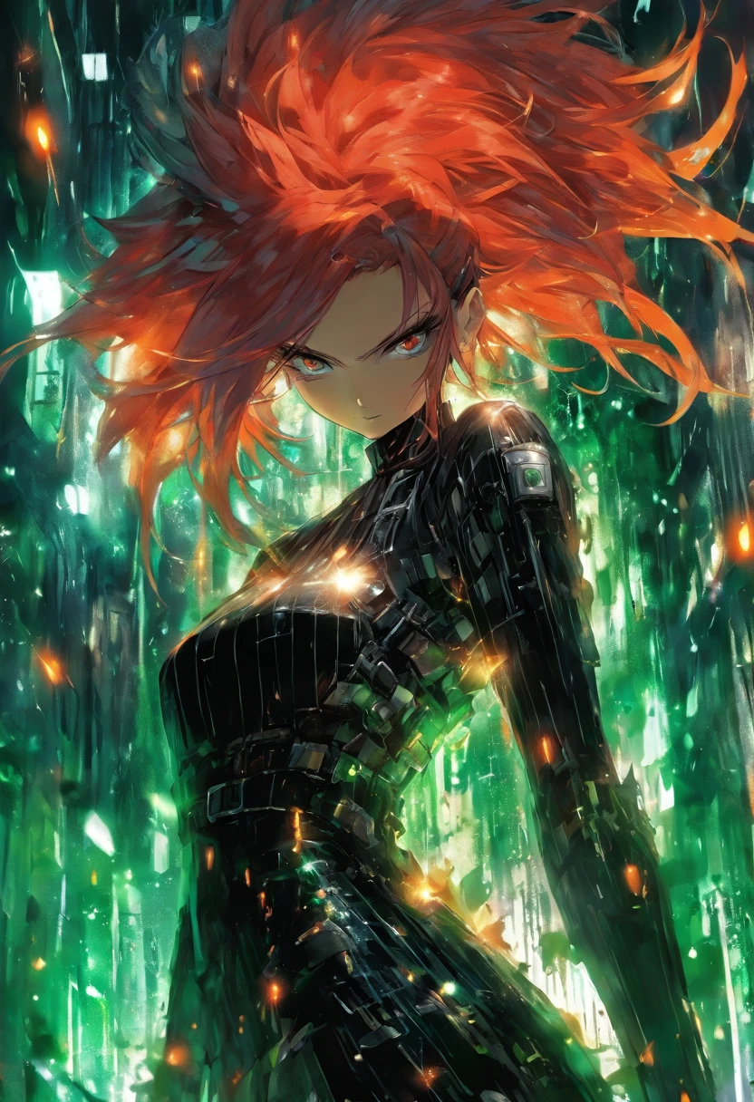 photograph of dark red hair, black dress, silver hair, in the style of dark orange and dark emerald, post-apocalyptic, wet-on-wet blending, manga style, grid, timeless beauty, dark white and light orange