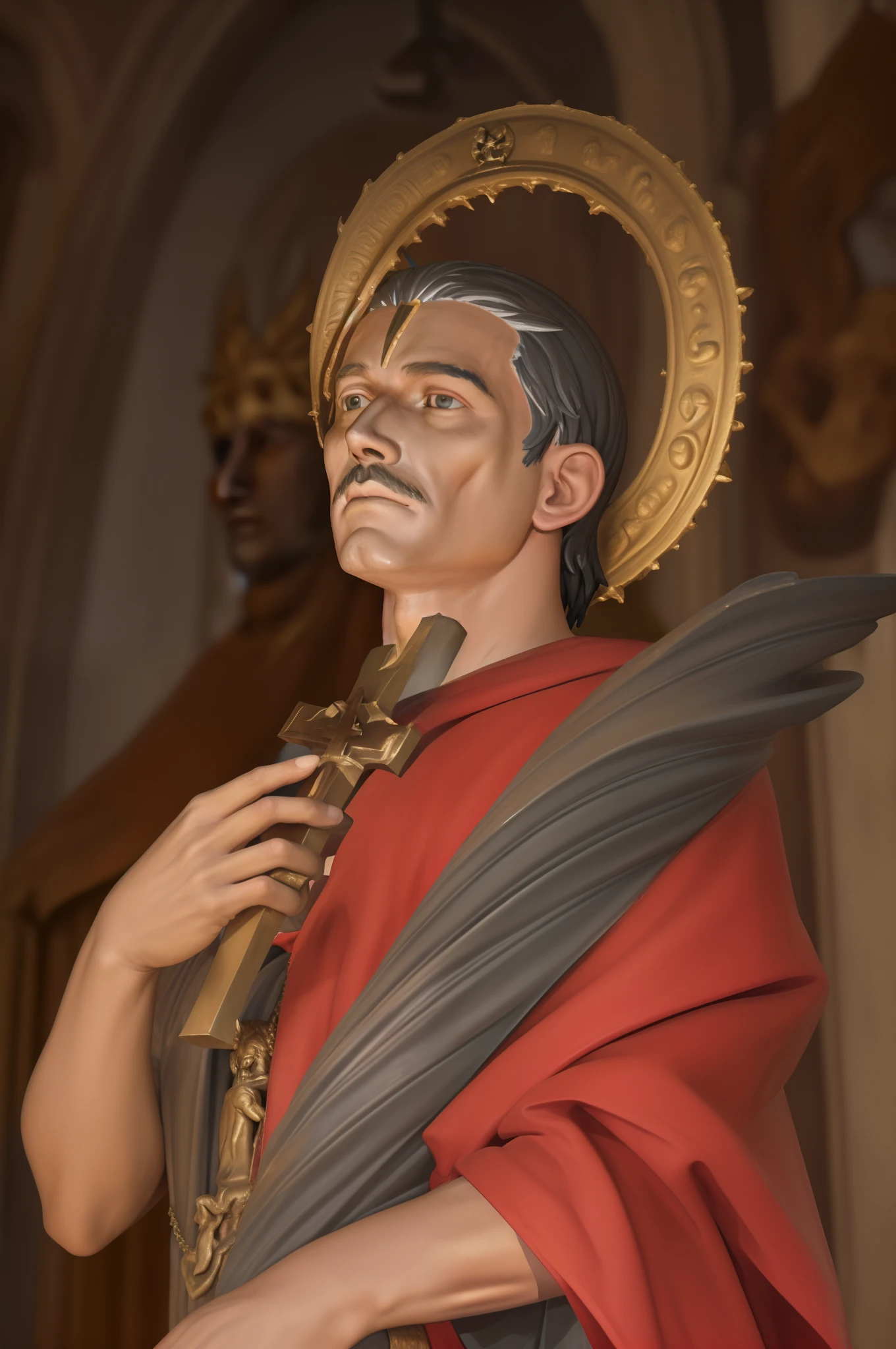 Statue of a man with a crown and a red robe, santo, christian saint, inspirado em Charles McAuley, portrait of saint of the pit, NPC com halo de santo, saint of the pit, NPC com um santo\halo do,  macho com halo, a statue of a saint holding a cross. Santo bonito, homem bonito, Manly man.