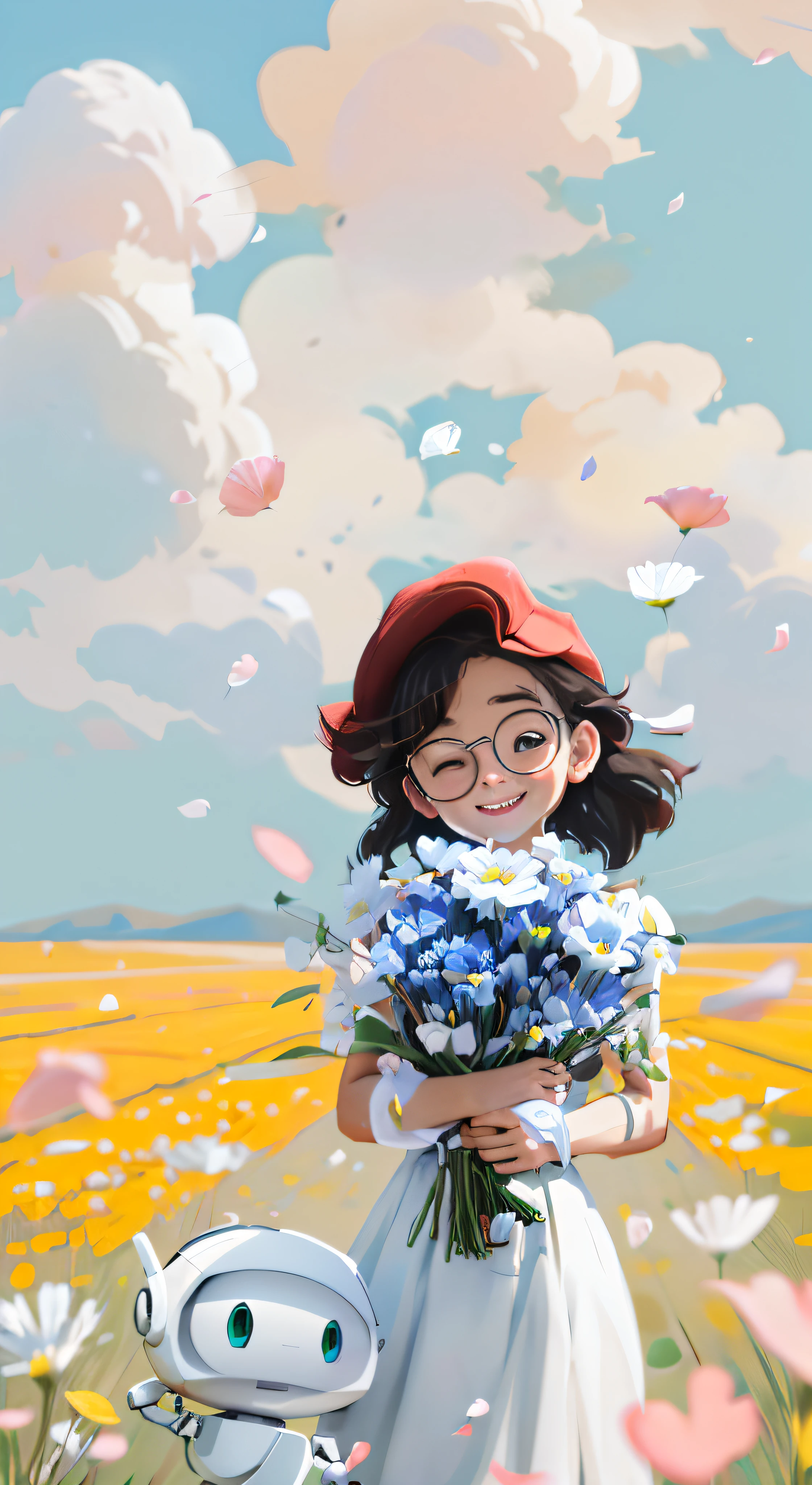 long hair girl,(No hats),(Girls don't have hats),white dresses,Girl in white dress without hat holding a bouquet of flowers,(There is a small white robot nearby),(white robot),digitial painting, Holding flowers, holding magic flowers, grassy fields,blue-sky,Fluttering petals,realisticlying,Ultra photo realsisim,by Atey Ghailan, Inspired by Atey ghailan, Detailed digital art, , number art, atey ghailan 8 k, Happy girl, 🌺 CGSesociety