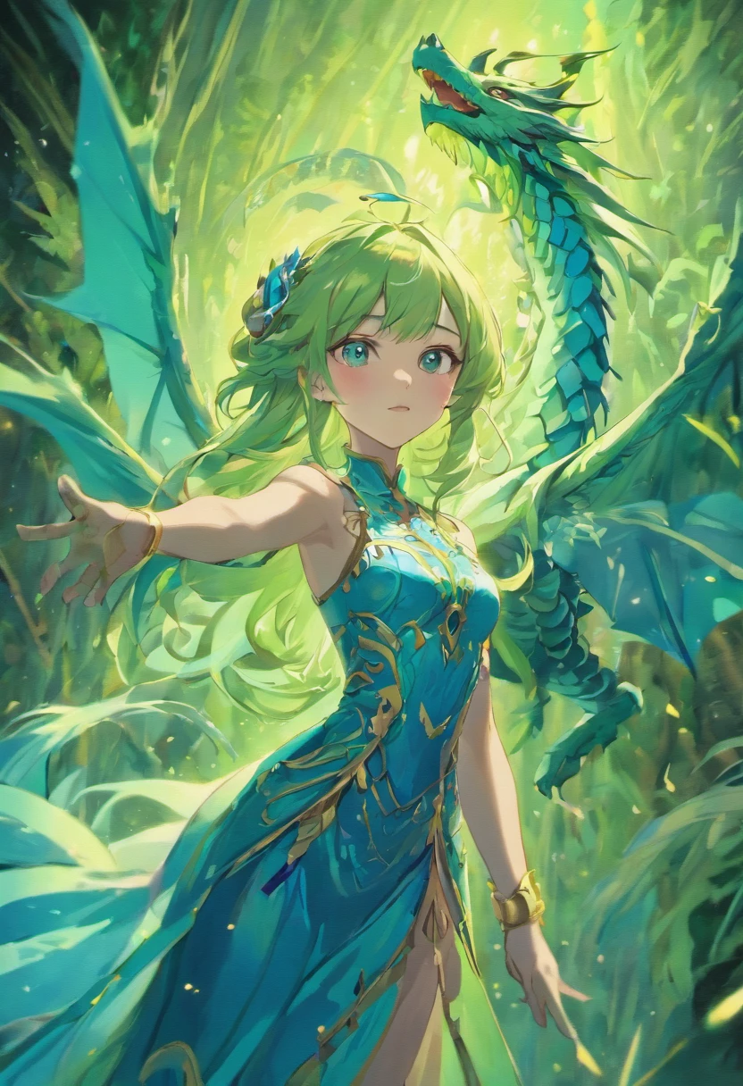 (blue,green)dragon,(detailed,elaborate) dragon scales,(detailed,elaborate) dragon wings,(elegant,flowing) dragon tail,(majestic, powerful)dragon horns,(fierce,intelligent) dragon eyes,(beautiful,detailed) face of a girl,(long,straight,hair) blowing in the wind,(enchanted, mysterious) forest background, (magical, ethereal) lighting, (vibrant,rich) colors, (oil painting, fine art) medium. (best quality,4k,8k,highres,masterpiece:1.2),ultra-detailed,(realistic,photorealistic,photo-realistic:1.37),HDR,UHD,studio lighting,bokeh