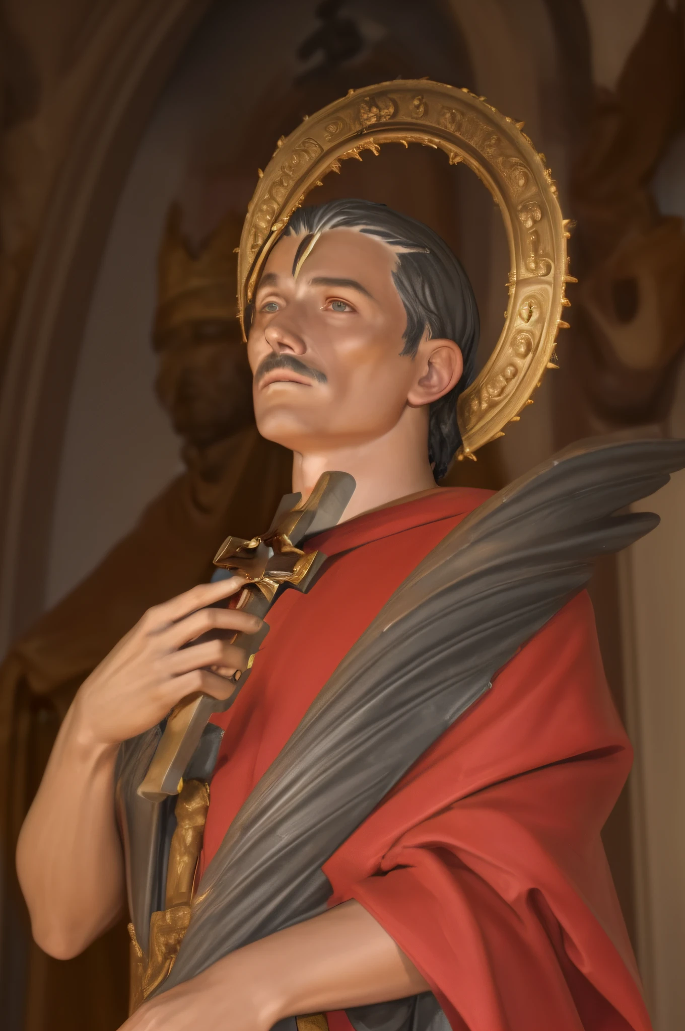 Statue of a man with a crown and a red robe, santo, christian saint, inspirado em Charles McAuley, portrait of saint of the pit, NPC com halo de santo, saint of the pit, NPC com um santo\halo do, macho com halo, a statue of a saint holding a cross. Santo bonito, homem bonito, Manly man.