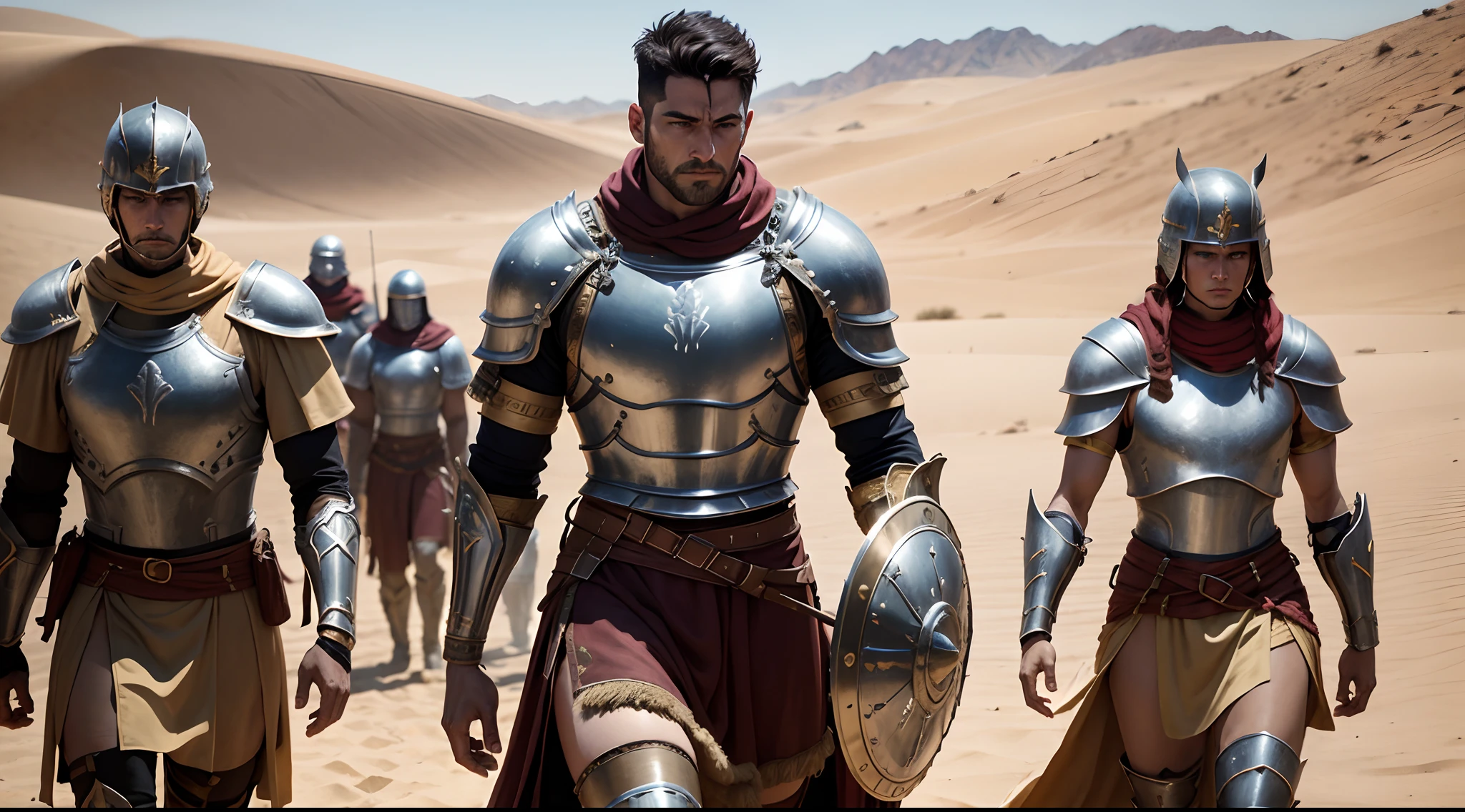 Roman soldiers, all male, metal armor, shields, marching, desert, sand, mountains --auto