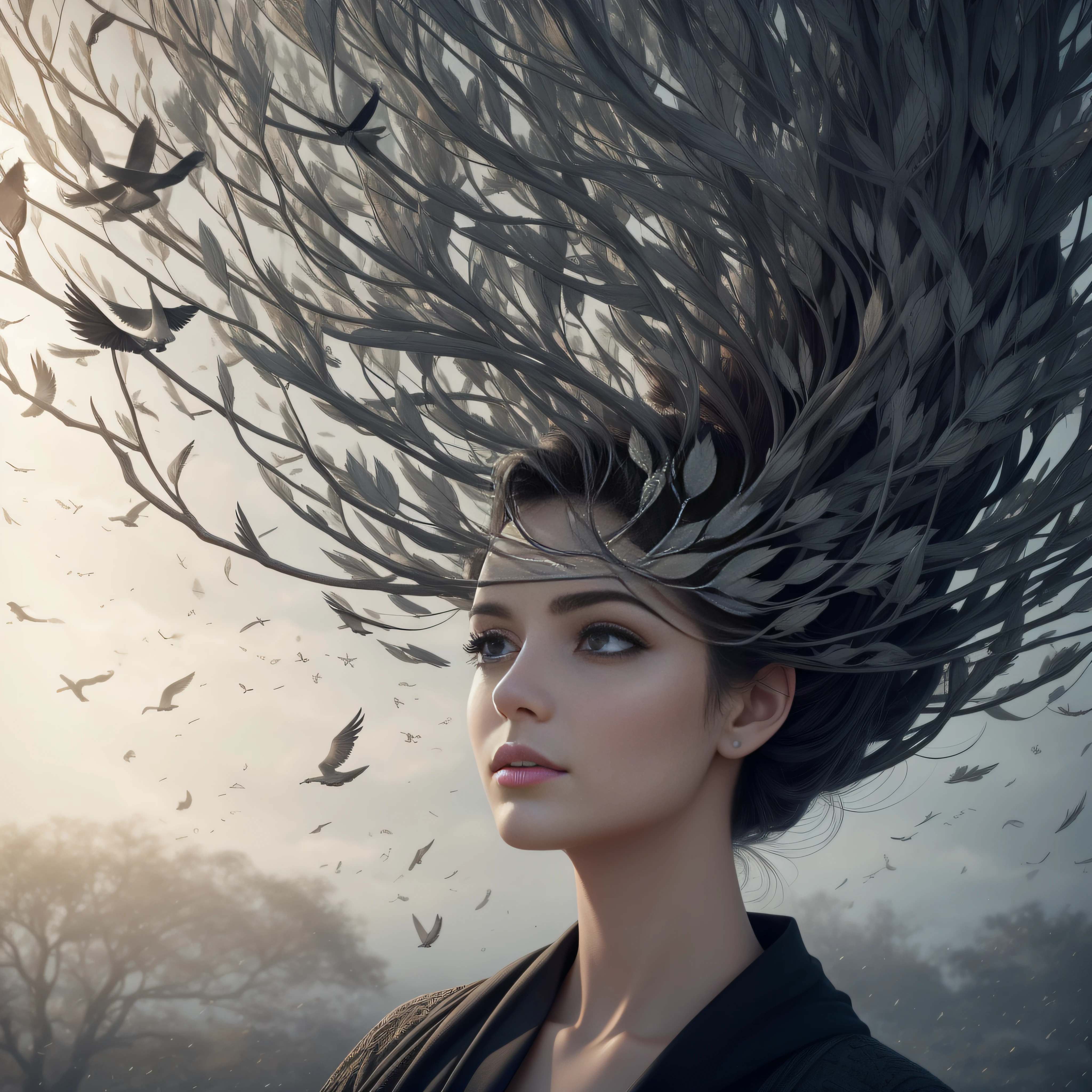 Image of a tree with a flock of birds flying around it, and forming a woman's face with the Wind blowing the leaves, inspired by Igor Morski, whatever comes to mind, Directed by: Nabil Kanso, come to your mind, dissociation, imaginative!!!, beautiful art, Gray matter and neurons, imaginative!!!, In the face of anxiety and longing, Directed by: Fathi Hassan