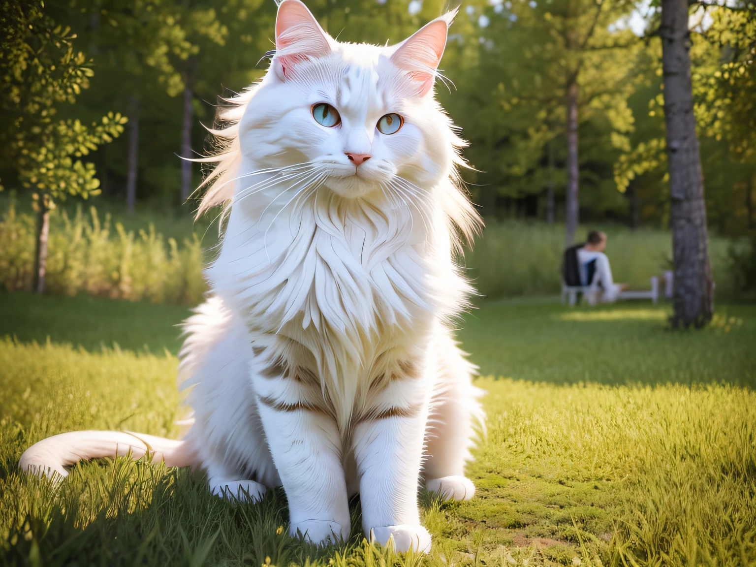 1cat, Maine Coon, Coon Cat, Maine , white cat, cat eyes, light blue eye, Heterochromatic, pupils in a meadow, sit, during the day, sitting on the prairie, long hair, beautiful detailed eyes, extremely detailed eyes and face, light on face, cute, best quality, masterpiece, illustration, an extremely delicate and beautiful, extremely detailed ,CG ,unity ,8k wallpaper, Amazing, finely detail, masterpiece, best quality, official art, extremely detailed CG unity 8k wallpaper, absurdres, incredibly absurdres, huge filesize, ultra-detailed, highres, extremely detailed, (best quality), (realistic, photo-realistic:1.2), 8k, soft lighting, high quality, official art, extremely detailed CG unity 8k wallpaper, cinematic lighting.