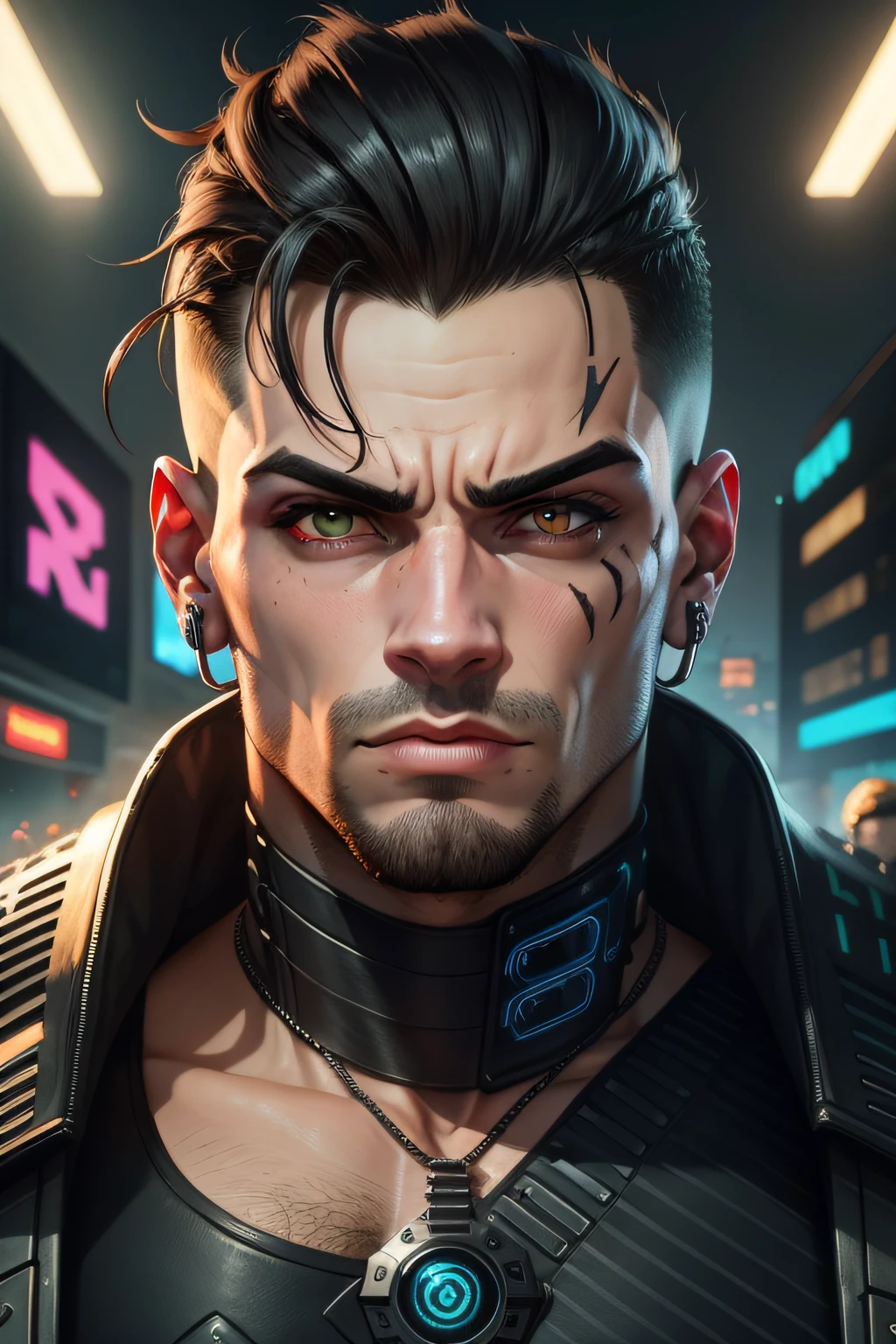 Caricatura cyberpunk masculino com cara de raivoso e rosto de frente