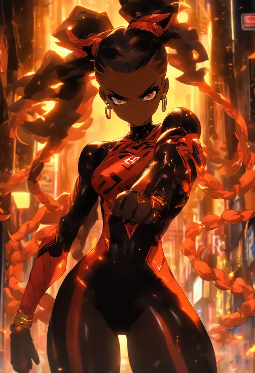 high resolution thick-line impact frame, character art (dark-skinned female), (black and orange hair in twintails, hetrochromia orange and gold Almond shaped eyes , full lips, full breast , shapely ass, wide nubian concave nose, heart shaped strong physique, strong, alluring,)::10 (immortal, Guild leader, wearing black boots and sensual red and orange summer dress:1.2). Wears a red tattoo of a Stylistic 'R' on her abdomen. Her right hand on hip with left hand glowing in a ghastly spiritual power. She has a strong magnificent body emmiting a visible silver aura., )::4 (masterpiece), high quality, Octane Render, intricate, intricate details, maximalist, highly detailed, finely detailed, ultra-detailed, Rival Schools, Edayn, udon, and Alex "oh8" Ahmed. The two-tone background features a busy festive futuristic street at night --