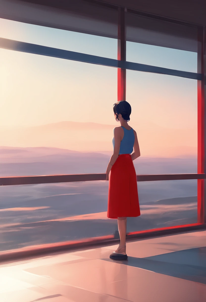 A girl dressed in red and blue looks out the window at the image of Arafard, wojtek fus, Ross Tran 8 K, cgsociety 8 k, cgsociety 8k, cgsociety 8k, Realistic anime 3 D style, Artgerm and Atey Ghailan, Ilya Kuvshinov. 4 k'', cinematic cgsociety, cgsociety inspired