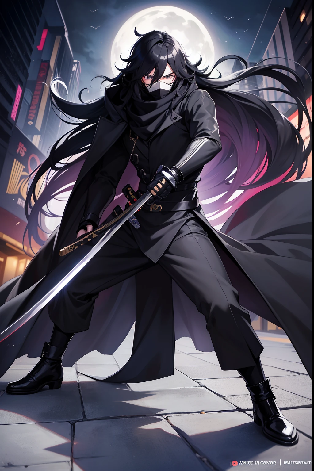 anime style, male anime character, man Black mask covering mouth, (long wavy hair), (black hair), (((black mask))),(heavy black scarf),(gas condition),(( (black overcoat))) , (night moonlight),(tanned skin tone),(holding a katana),(floor),(spectators),(fighting move),hand-drawn anime style, dynamic, full length, animation quality, ANIME icon, looking at camera face, 8k, full length, best background, masterpiece, awesome titles, ultra hd|, insane title, perfect hands